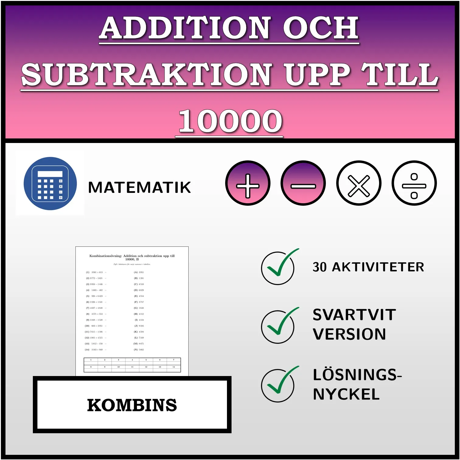 Kombinationsövning: Addition och subtraktion upp till 10000