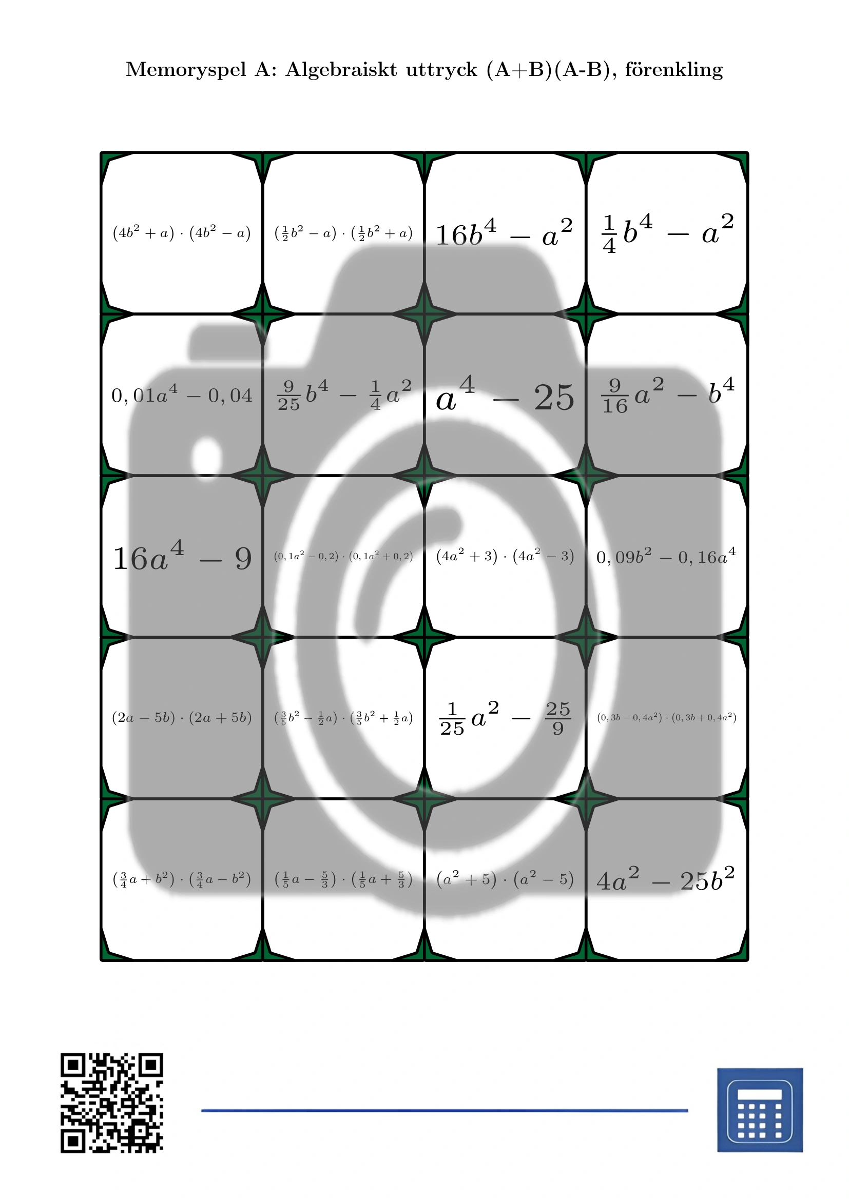 Memoryspel: Algebraiskt uttryck (A+B)(A-B), förenkling - Bild 2