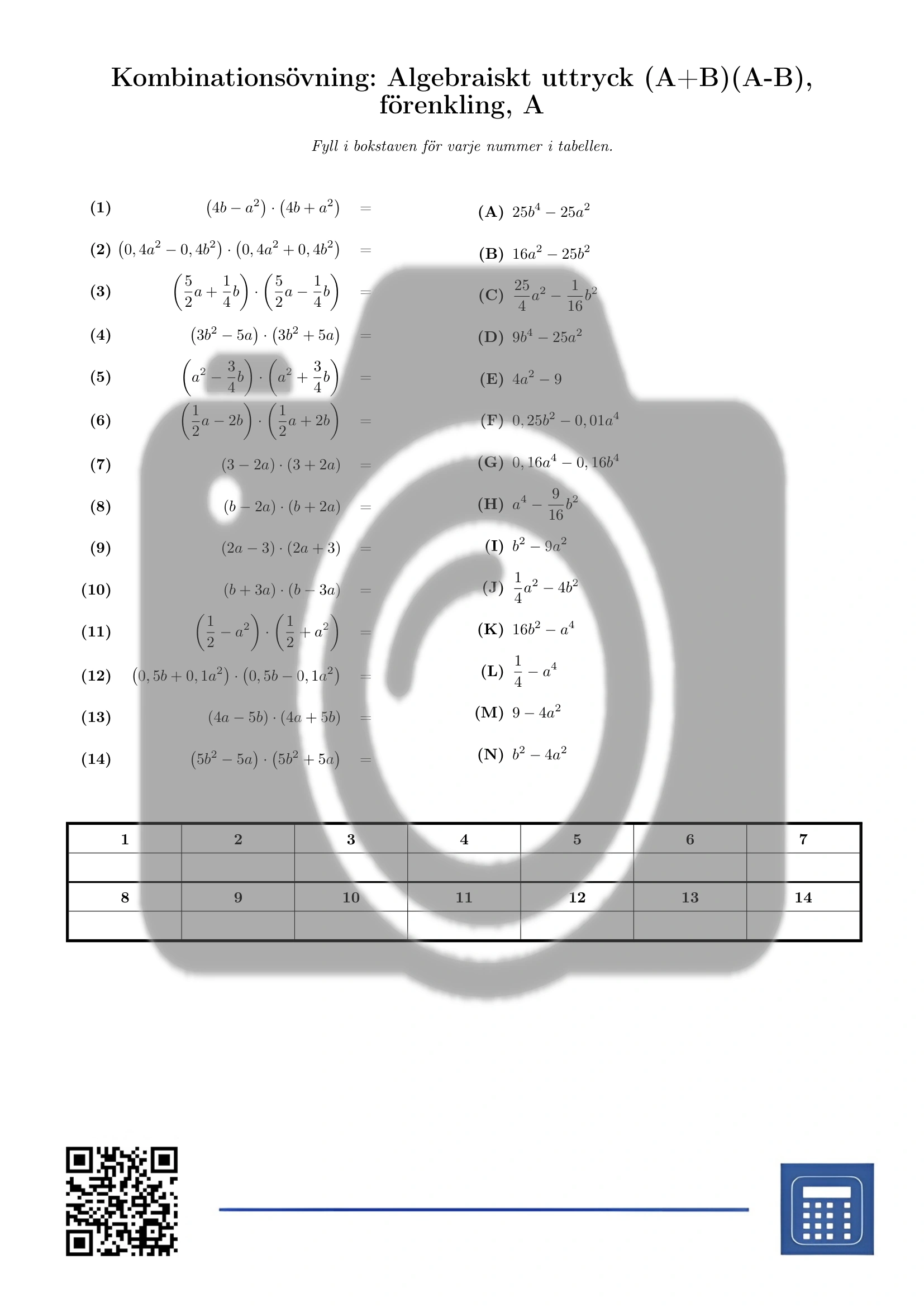 Kombinationsövning: Algebraiskt uttryck (A+B)(A-B), förenkling - Bild 2