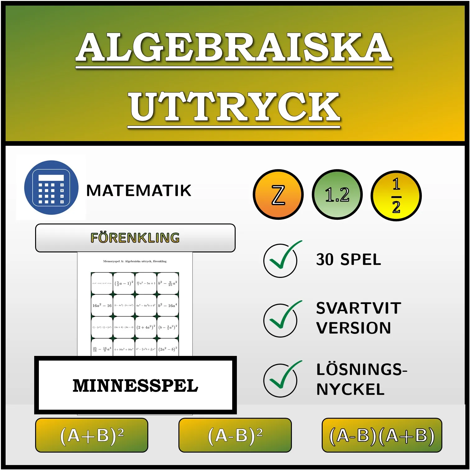 Memoryspel: Algebraiska uttryck, förenkling