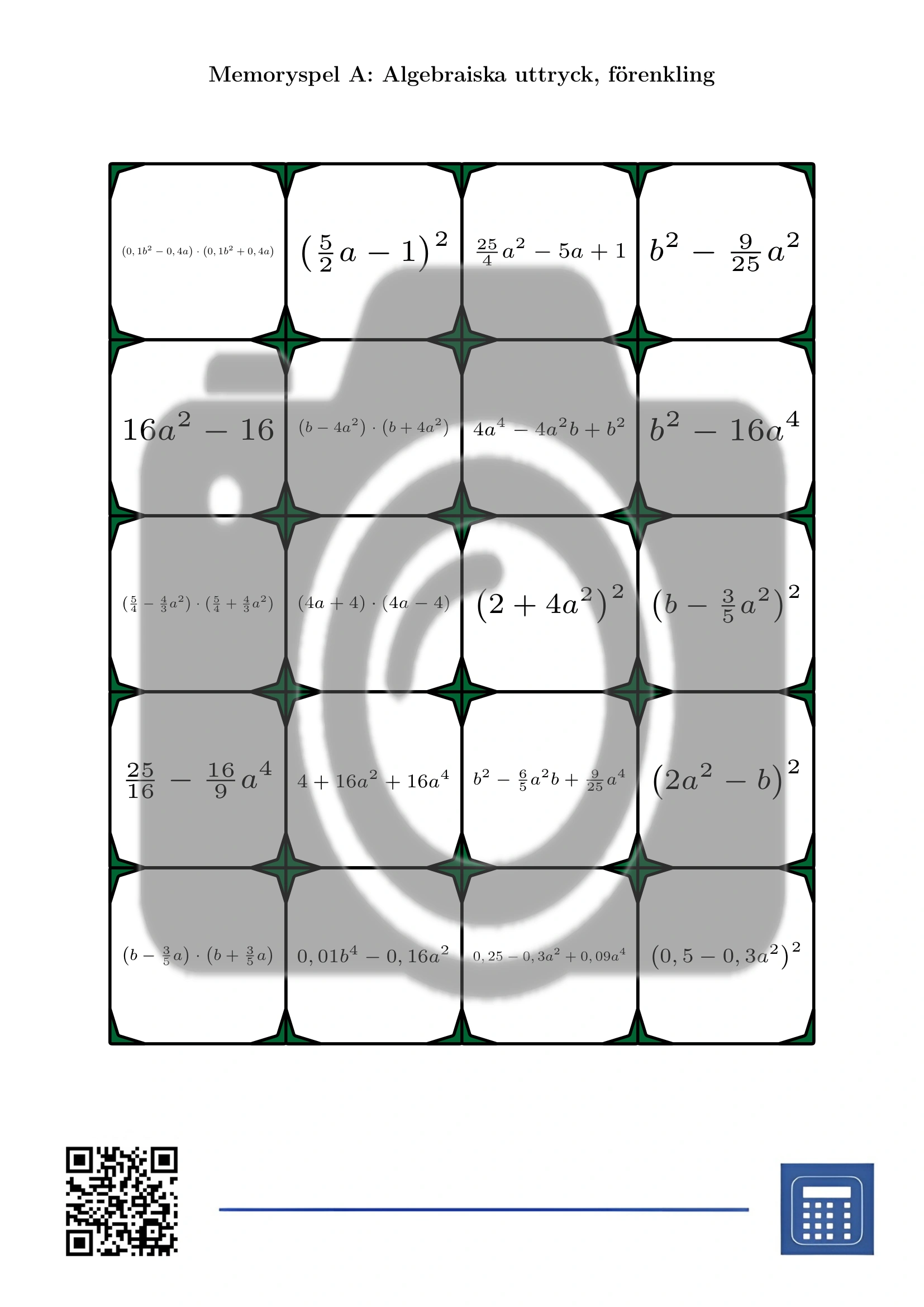 Memoryspel: Algebraiska uttryck, förenkling - Bild 2