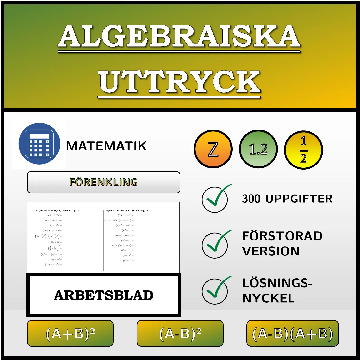 Arbetsblad: Algebraiska uttryck, förenkling