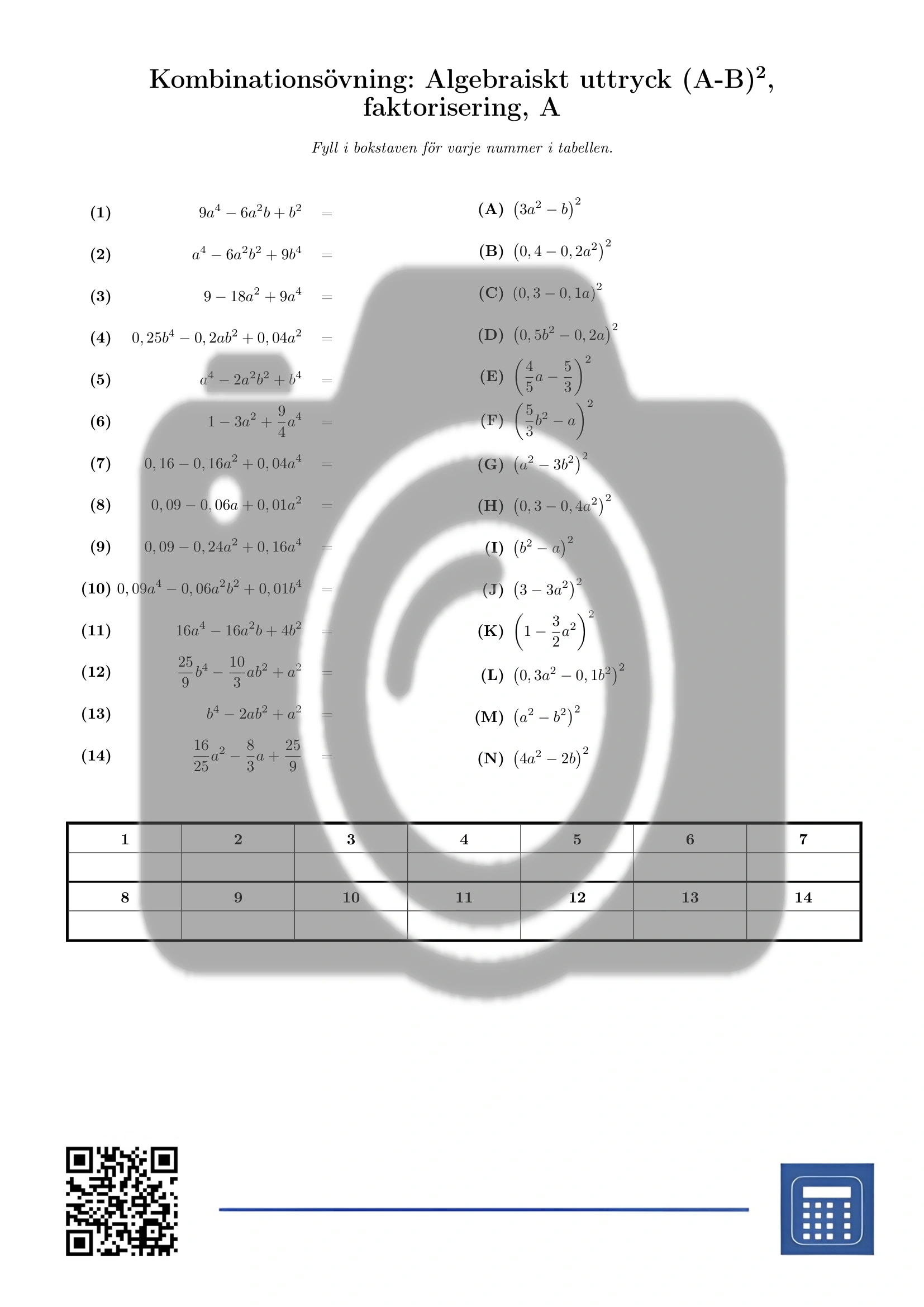 Kombinationsövning: Algebraiskt uttryck (A-B)², faktorisering - Bild 2