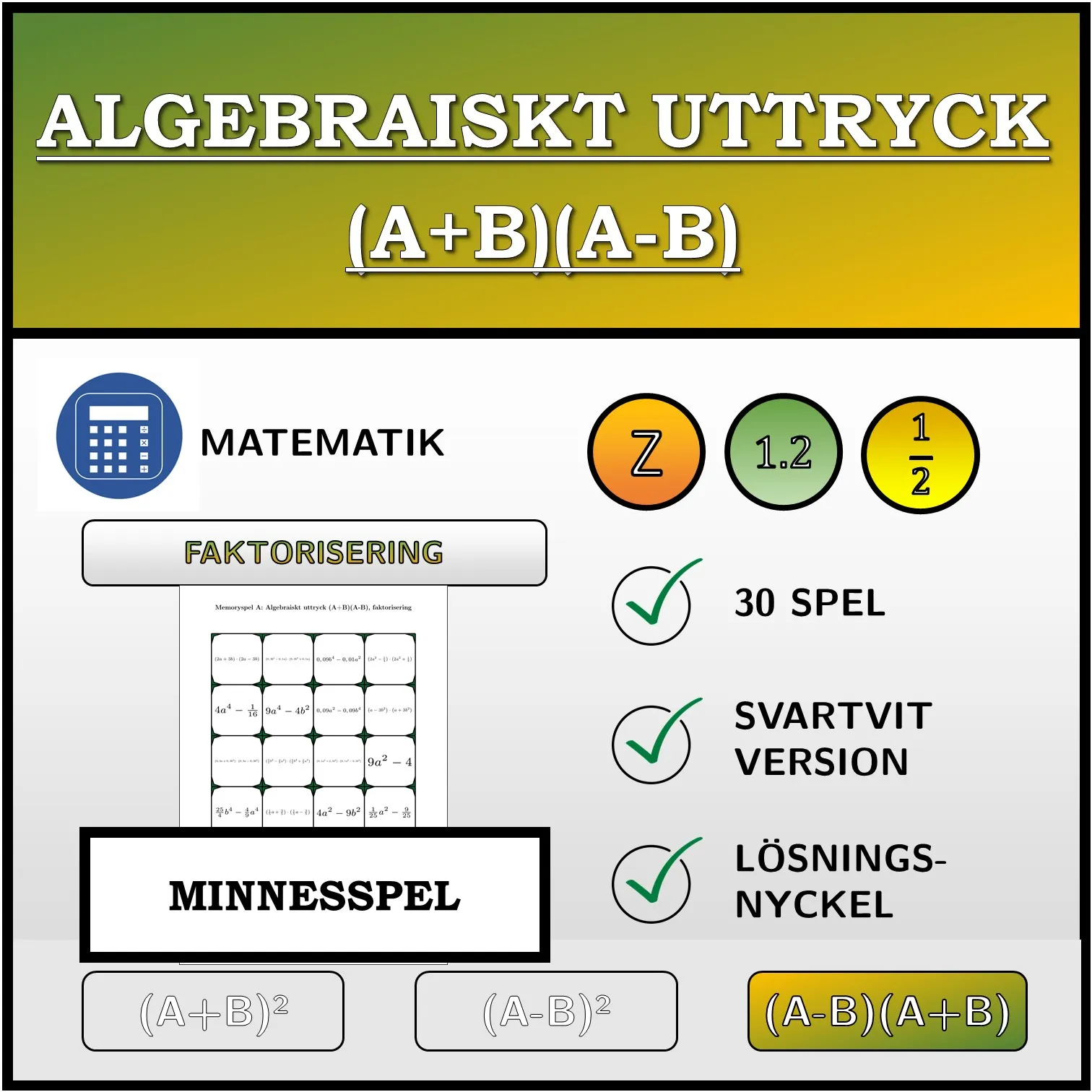 Memoryspel: Algebraiskt uttryck (A+B)(A-B), faktorisering