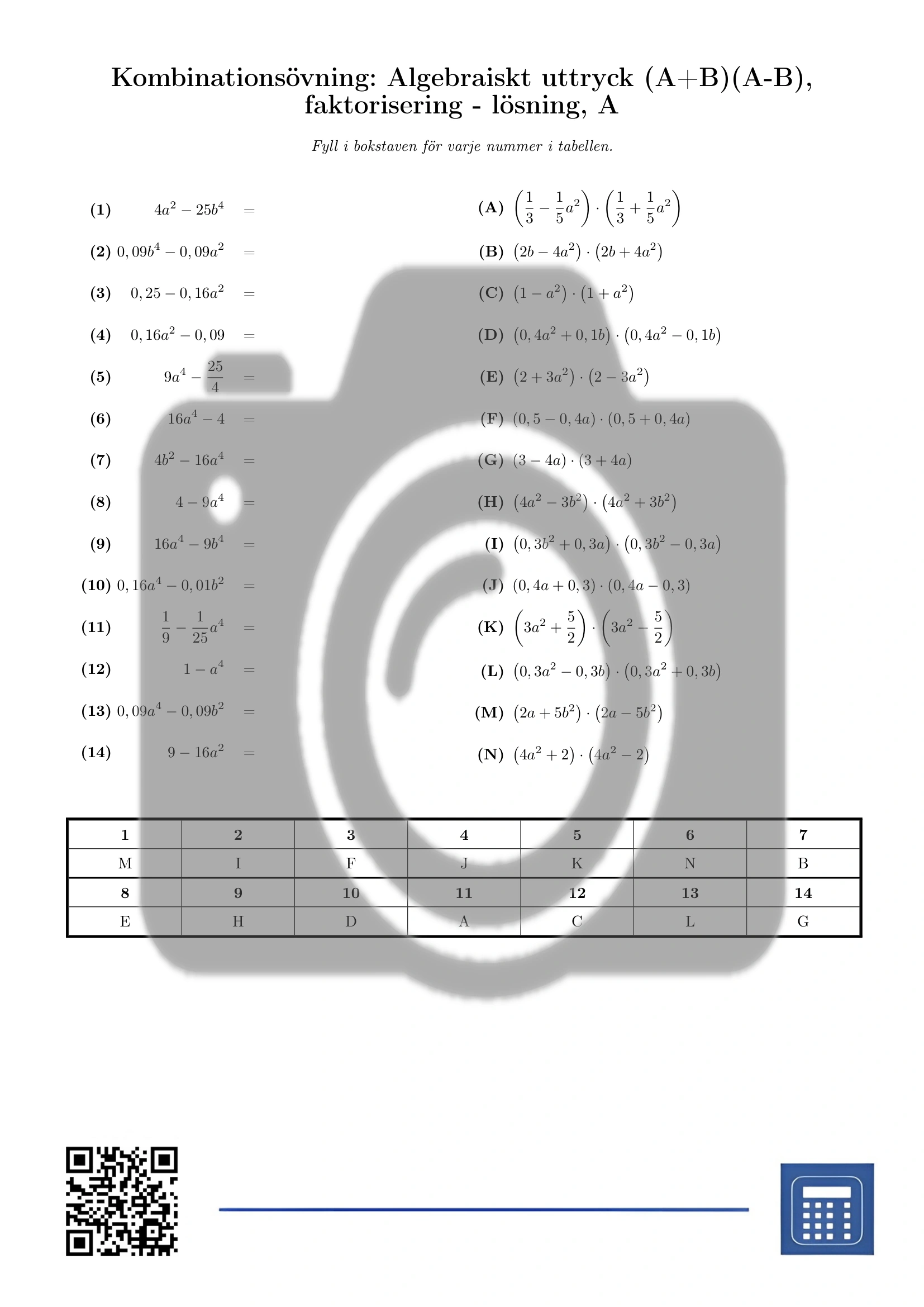 Kombinationsövning: Algebraiskt uttryck (A+B)(A-B), faktorisering - Bild 3
