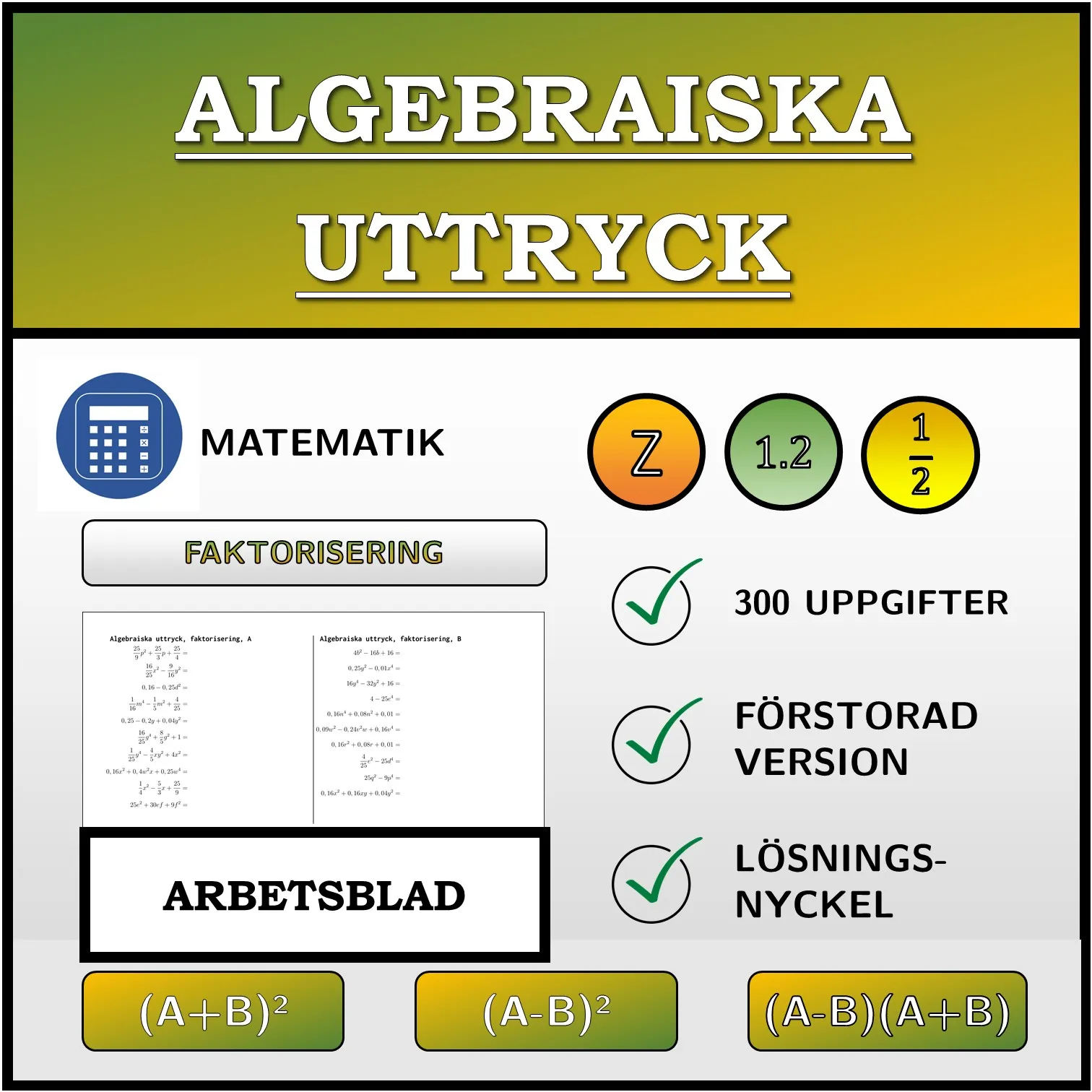 Arbetsblad: Algebraiska uttryck, faktorisering