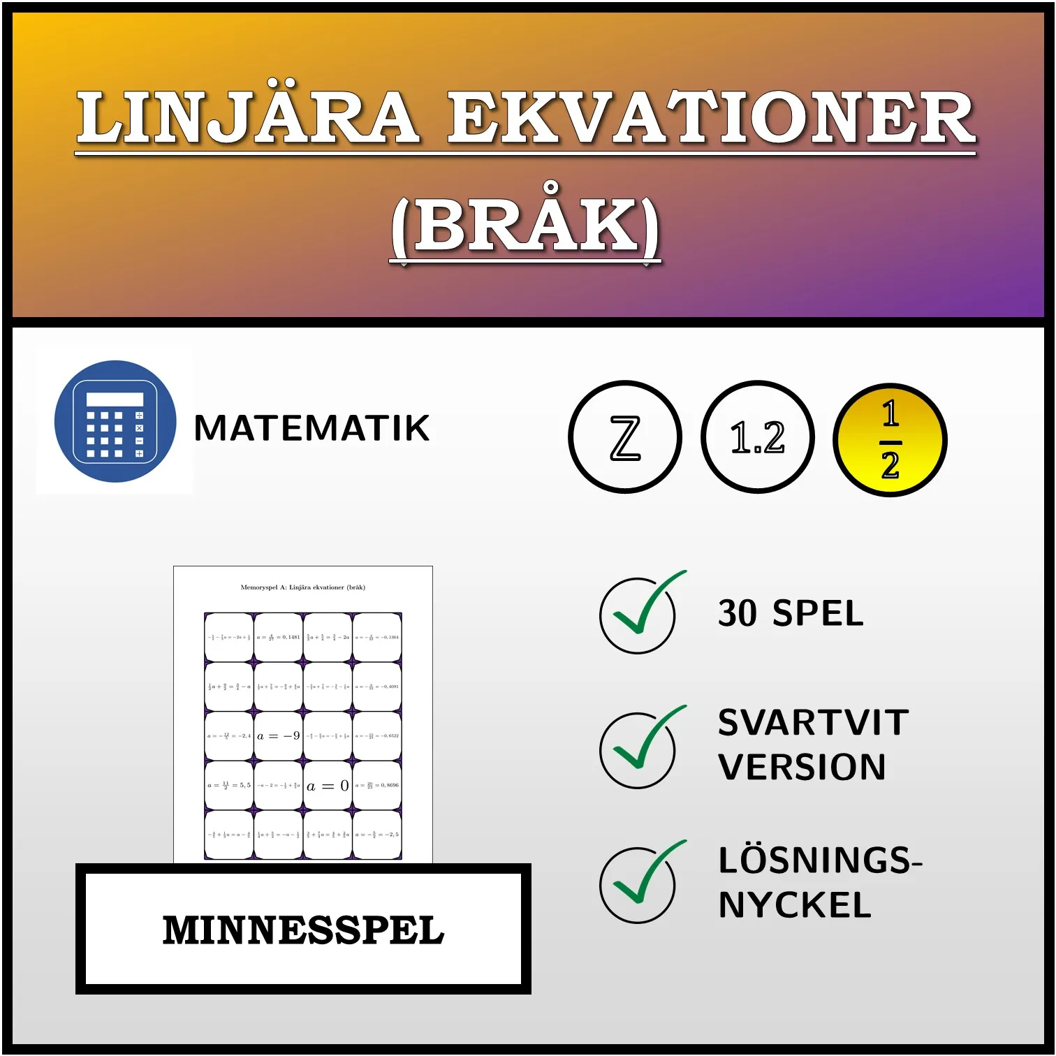 Memoryspel: Linjära ekvationer (bråk)