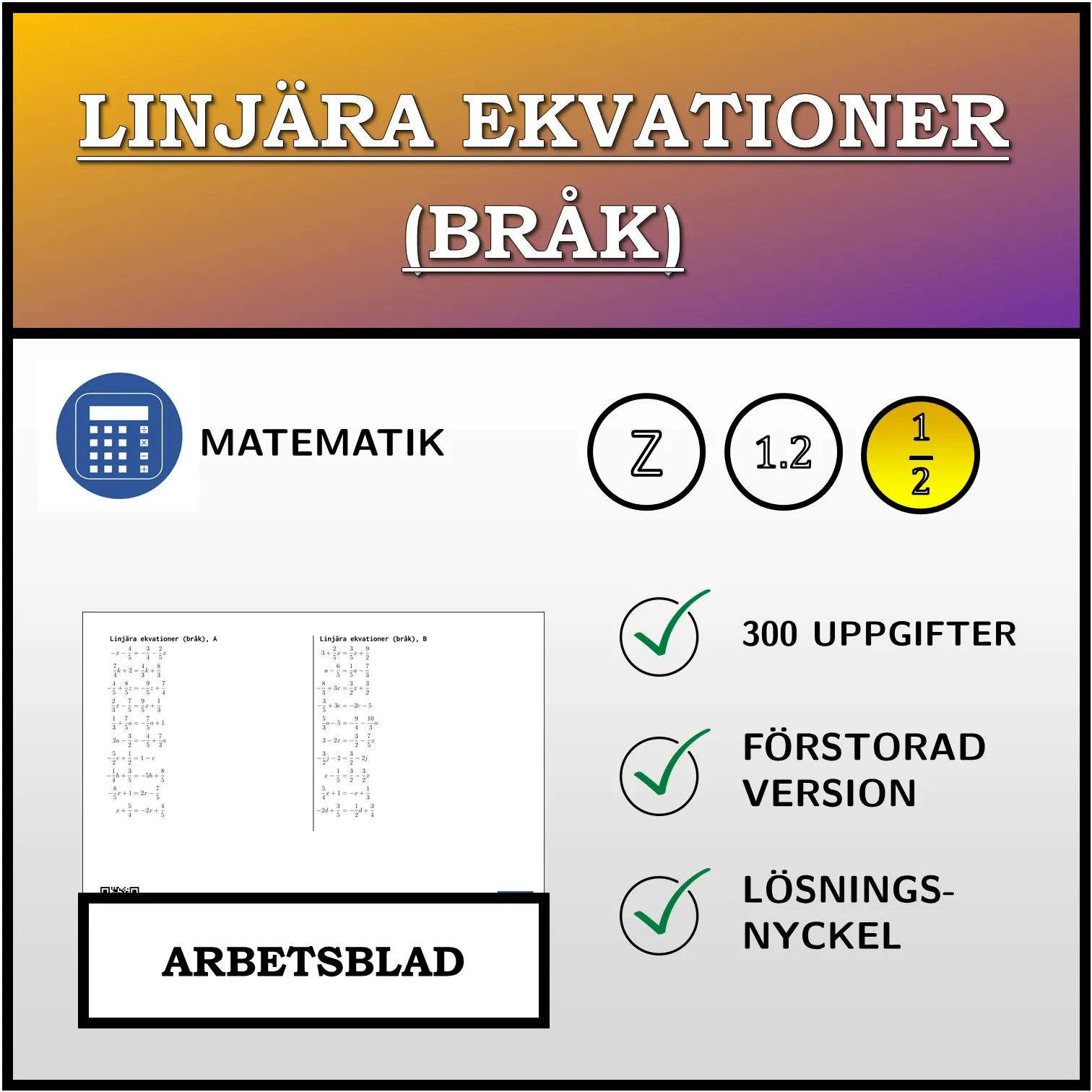 Arbetsblad: Linjära ekvationer (bråk)