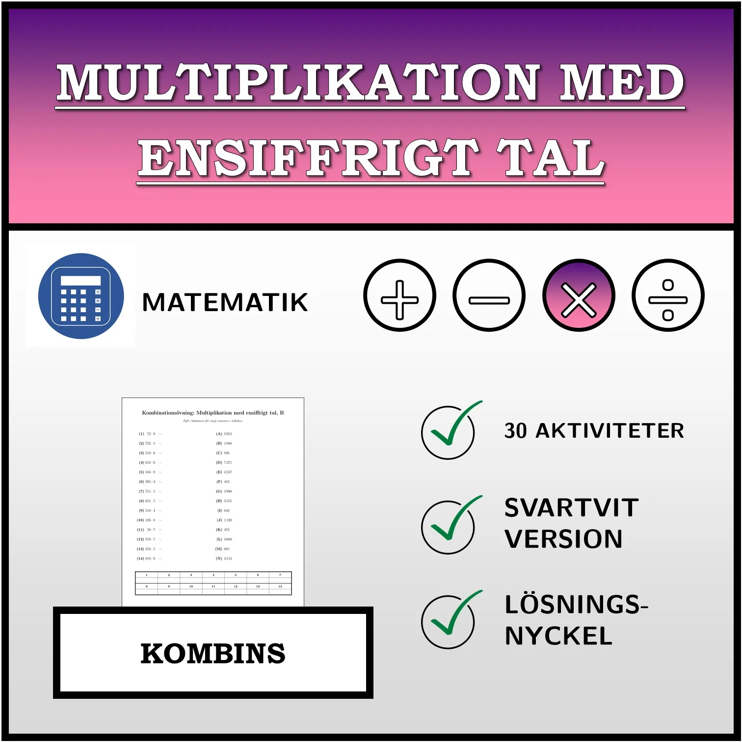 Kombinationsövning: Multiplikation med ensiffrigt tal