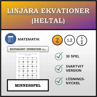 Memoryspel: Linjära ekvationer (heltal), ekvivalent omformning (addition, subtraktion)