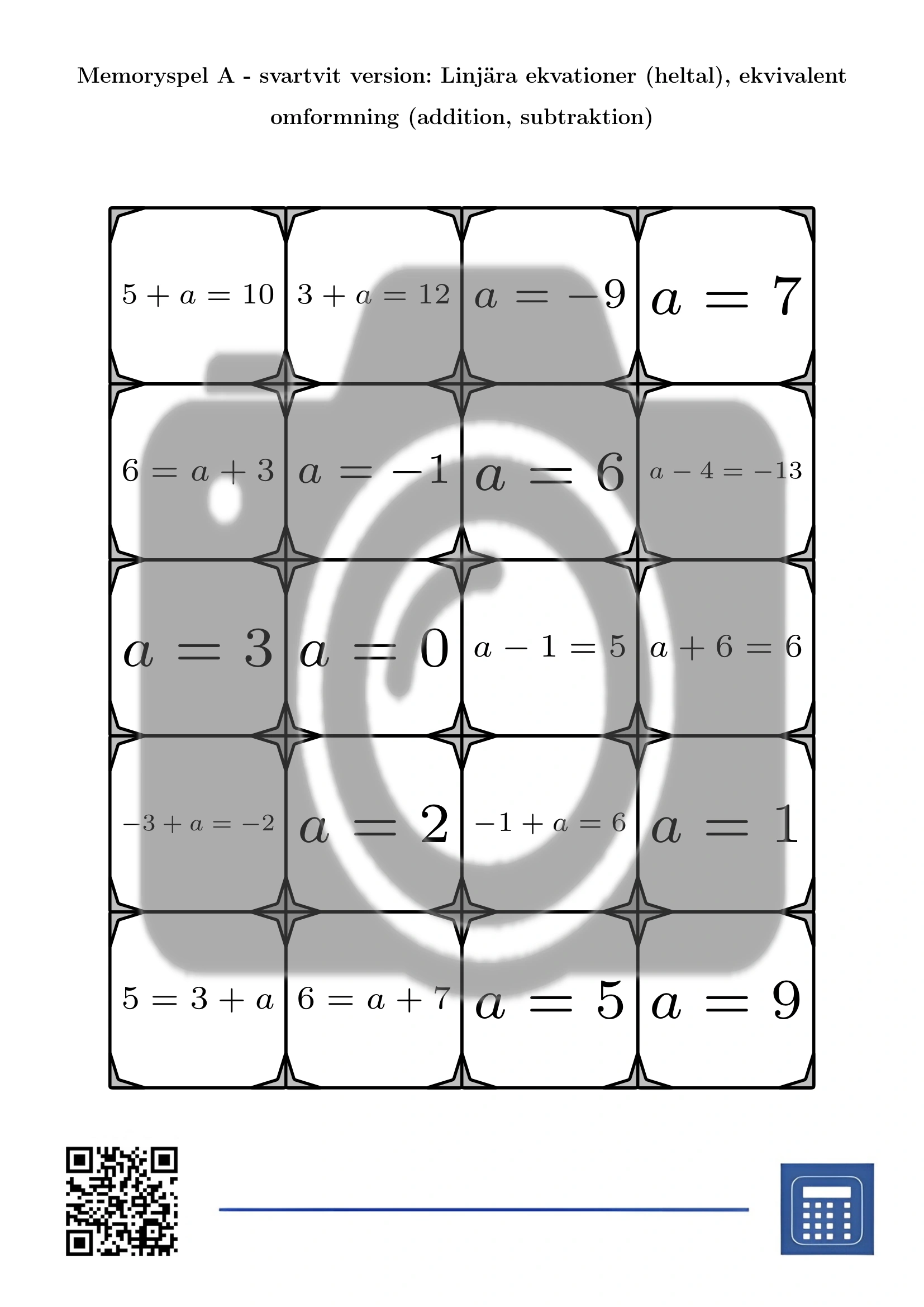 Memoryspel: Linjära ekvationer (heltal), ekvivalent omformning (addition, subtraktion) - Bild 3