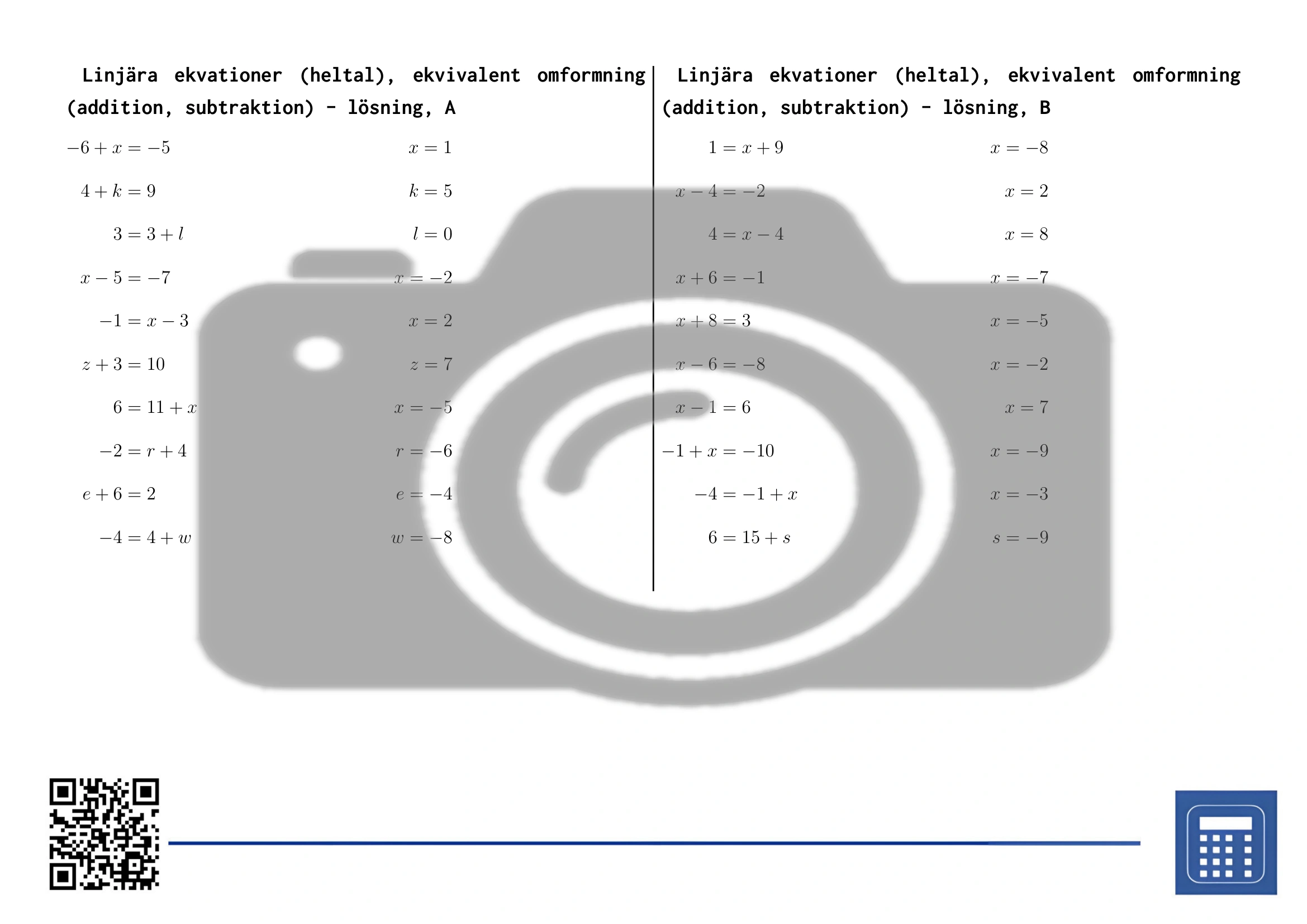 Arbetsblad: Linjära ekvationer (heltal), ekvivalent omformning (addition, subtraktion) - Bild 4