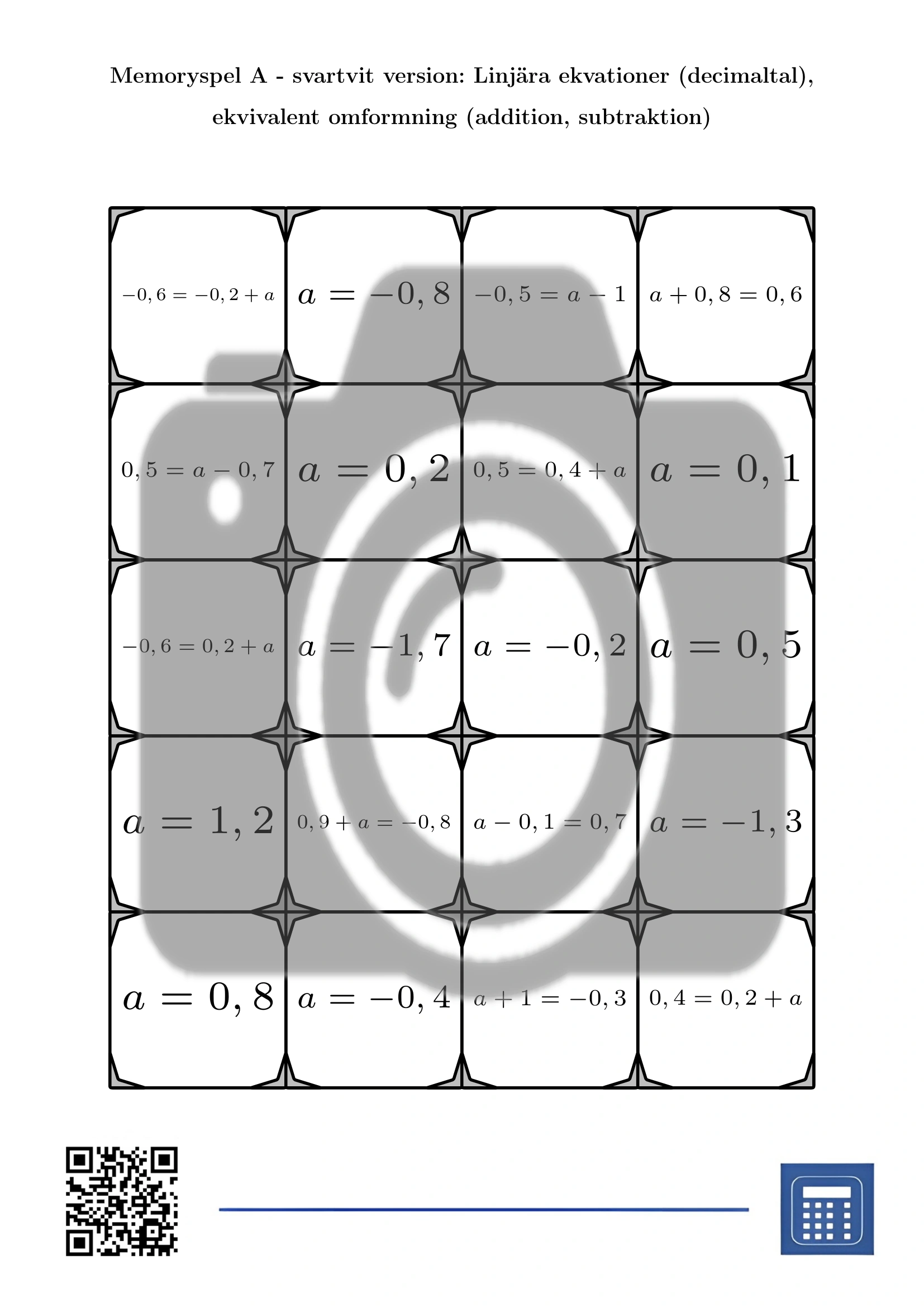 Memoryspel: Linjära ekvationer (decimaltal), ekvivalent omformning (addition, subtraktion) - Bild 3