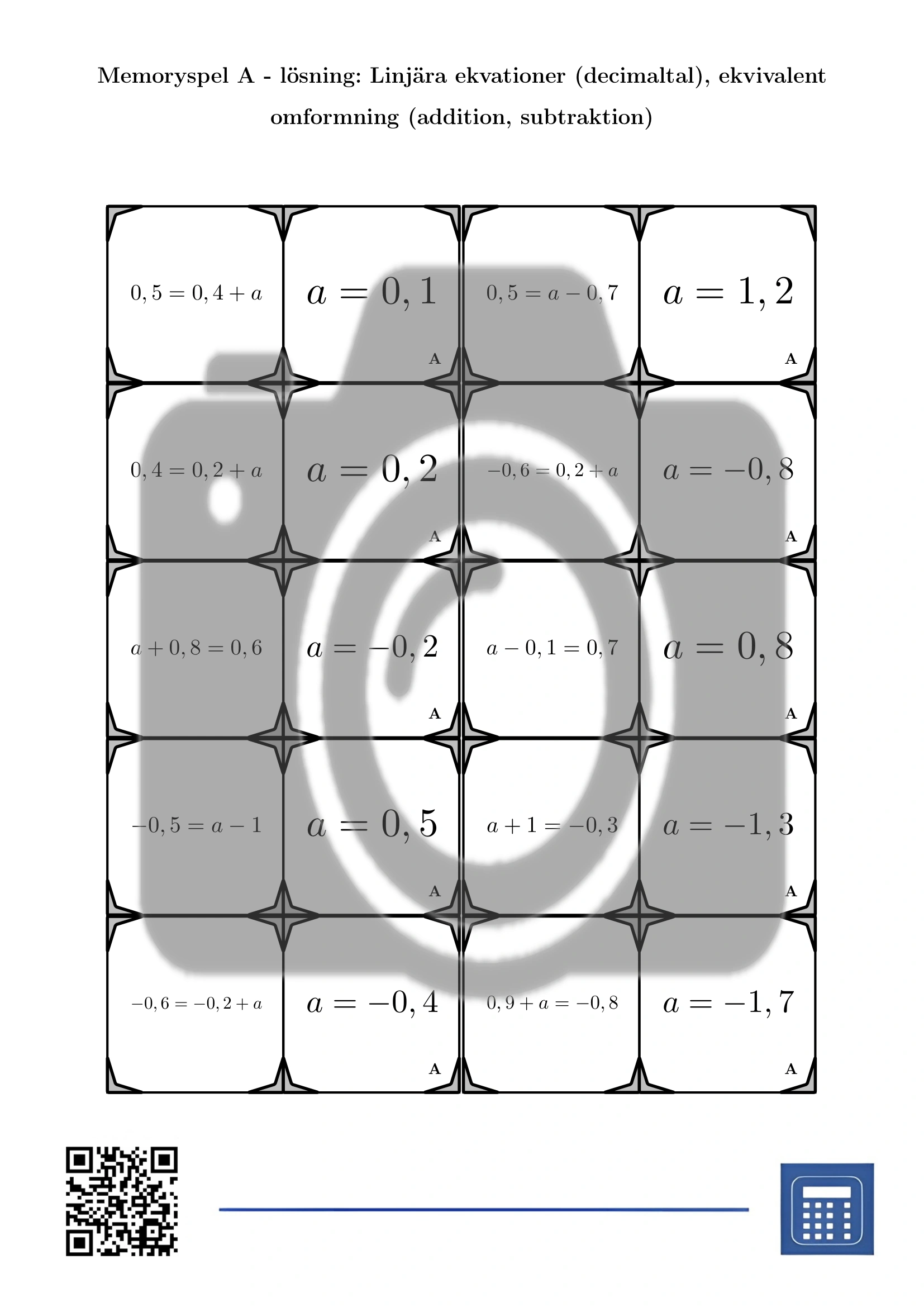 Memoryspel: Linjära ekvationer (decimaltal), ekvivalent omformning (addition, subtraktion) - Bild 4