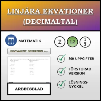 Arbetsblad: Linjära ekvationer (decimaltal), ekvivalent omformning (addition, subtraktion)