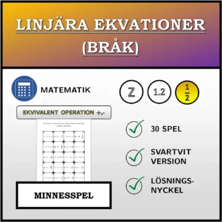 Memoryspel: Linjära ekvationer (bråk), ekvivalent omformning (addition, subtraktion)