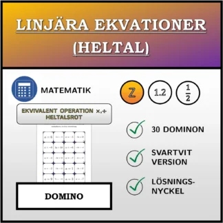 Domino: Linjära ekvationer (heltal), ekvivalent omformning (multiplikation, division), heltalslösning