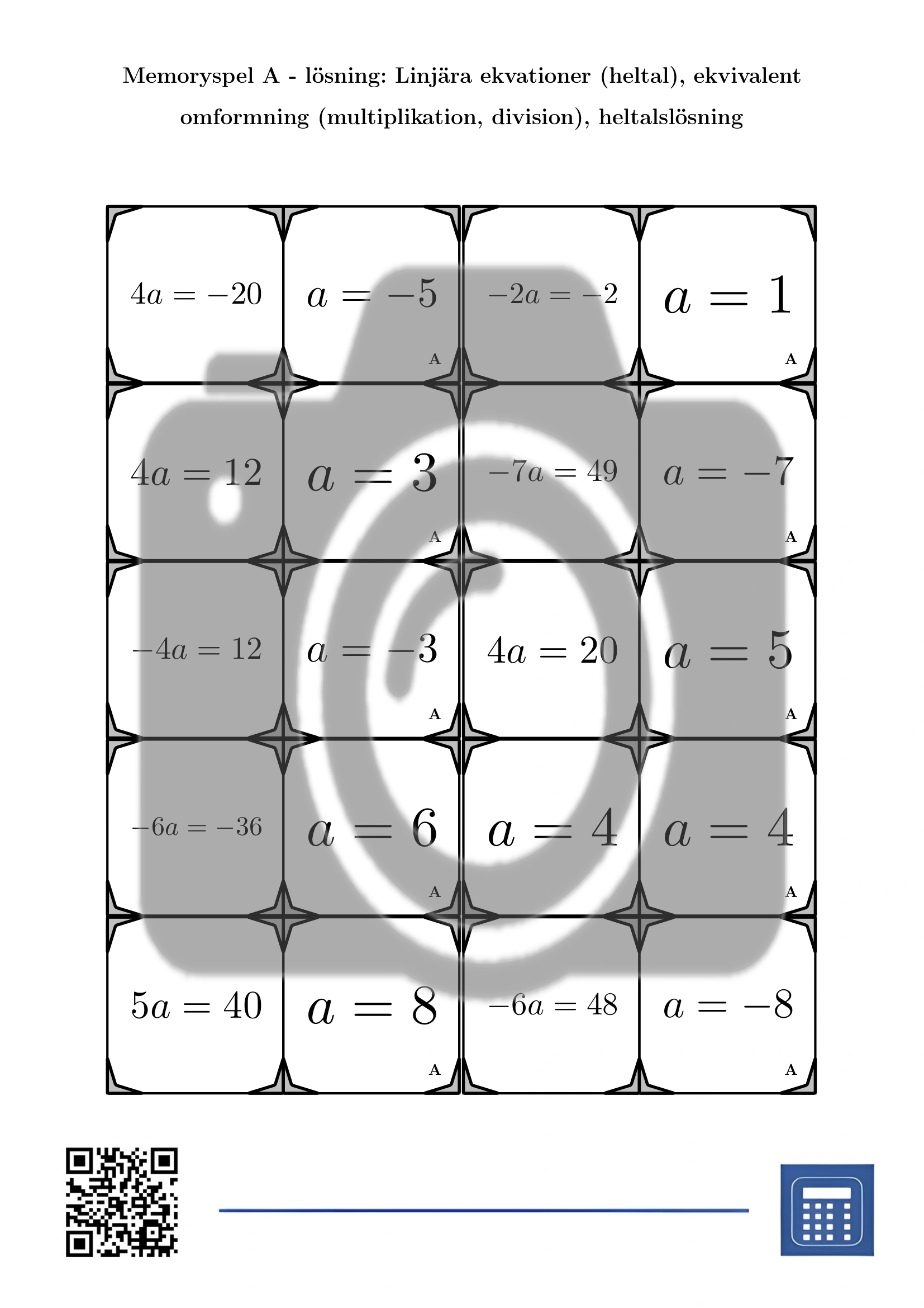 Memoryspel: Linjära ekvationer (heltal), ekvivalent omformning (multiplikation, division), heltalslösning - Bild 4