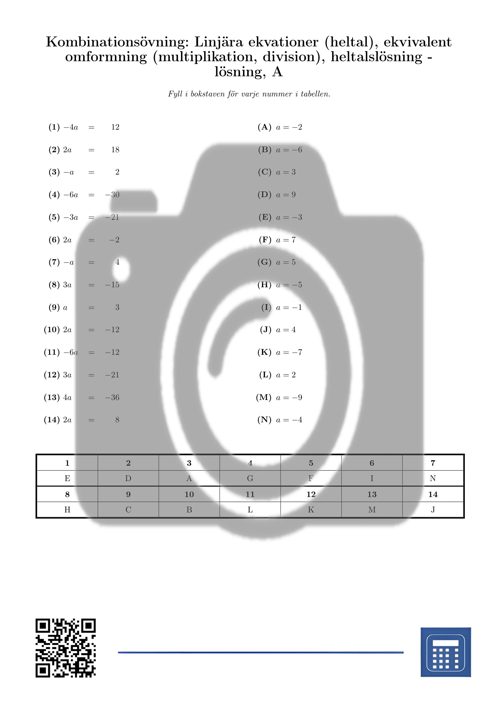 Kombinationsövning: Linjära ekvationer (heltal), ekvivalent omformning (multiplikation, division), heltalslösning - Bild 3
