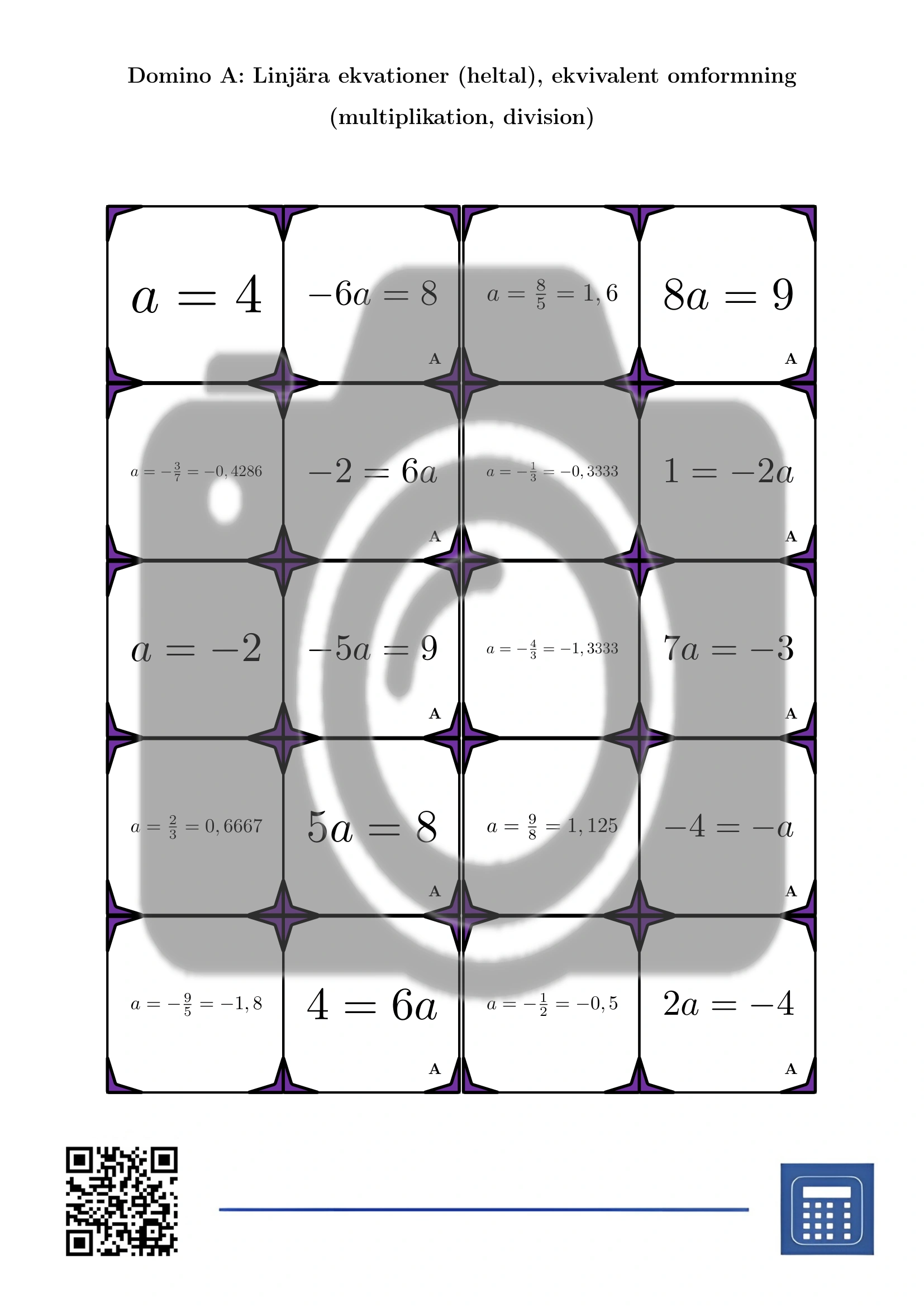 Domino: Linjära ekvationer (heltal), ekvivalent omformning (multiplikation, division) - Bild 2