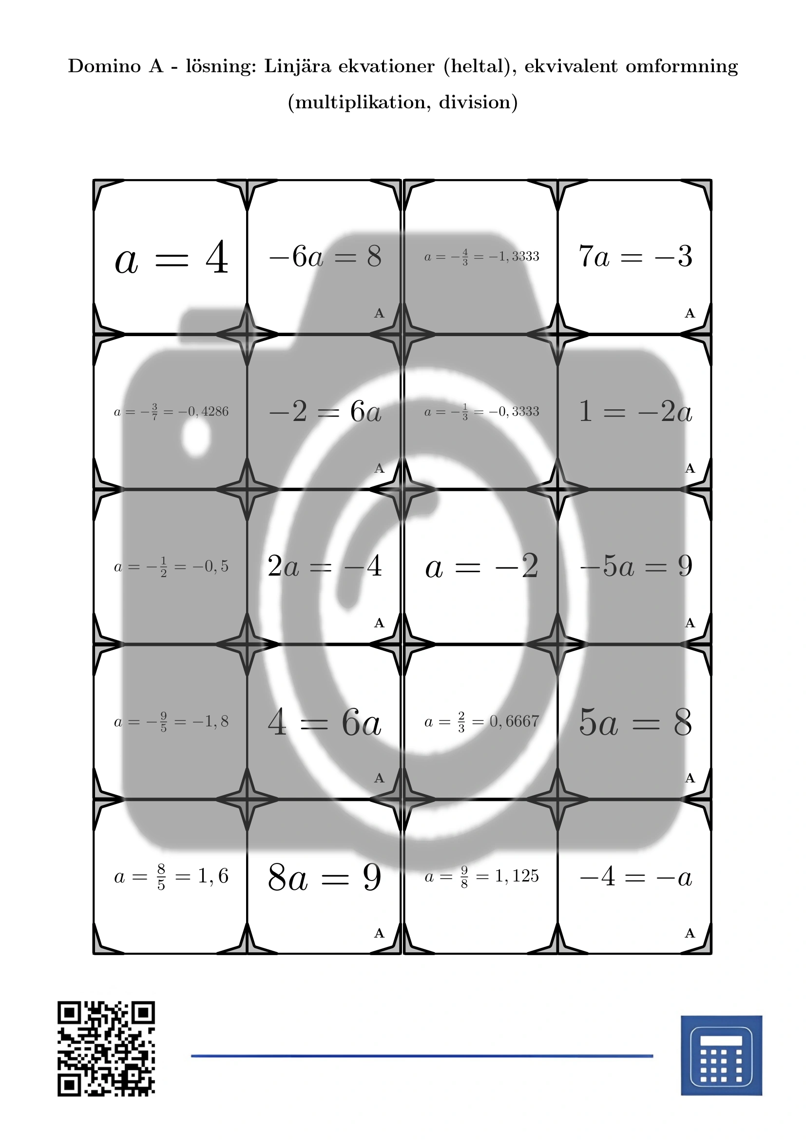 Domino: Linjära ekvationer (heltal), ekvivalent omformning (multiplikation, division) - Bild 4