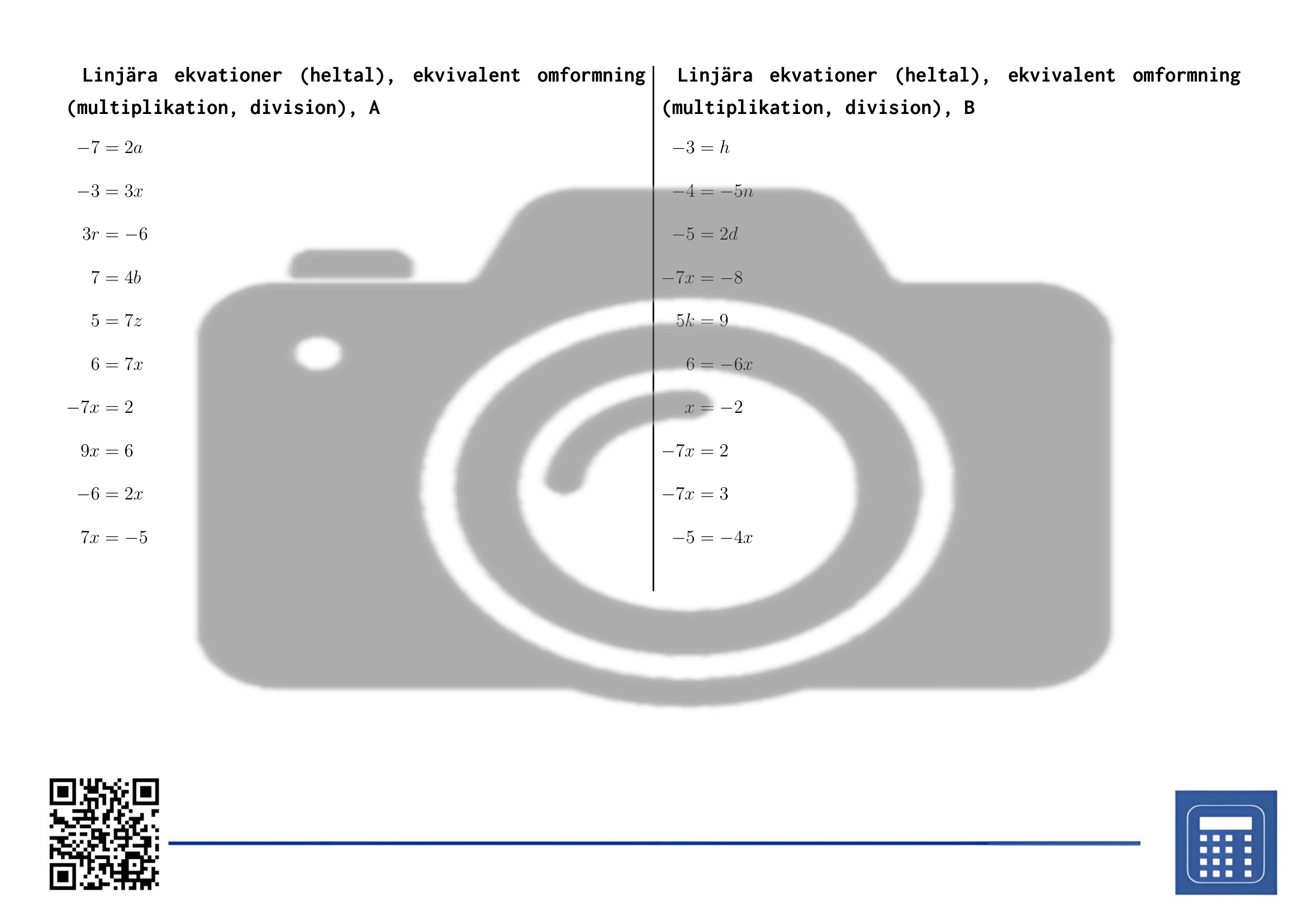 Arbetsblad: Linjära ekvationer (heltal), ekvivalent omformning (multiplikation, division) - Bild 2