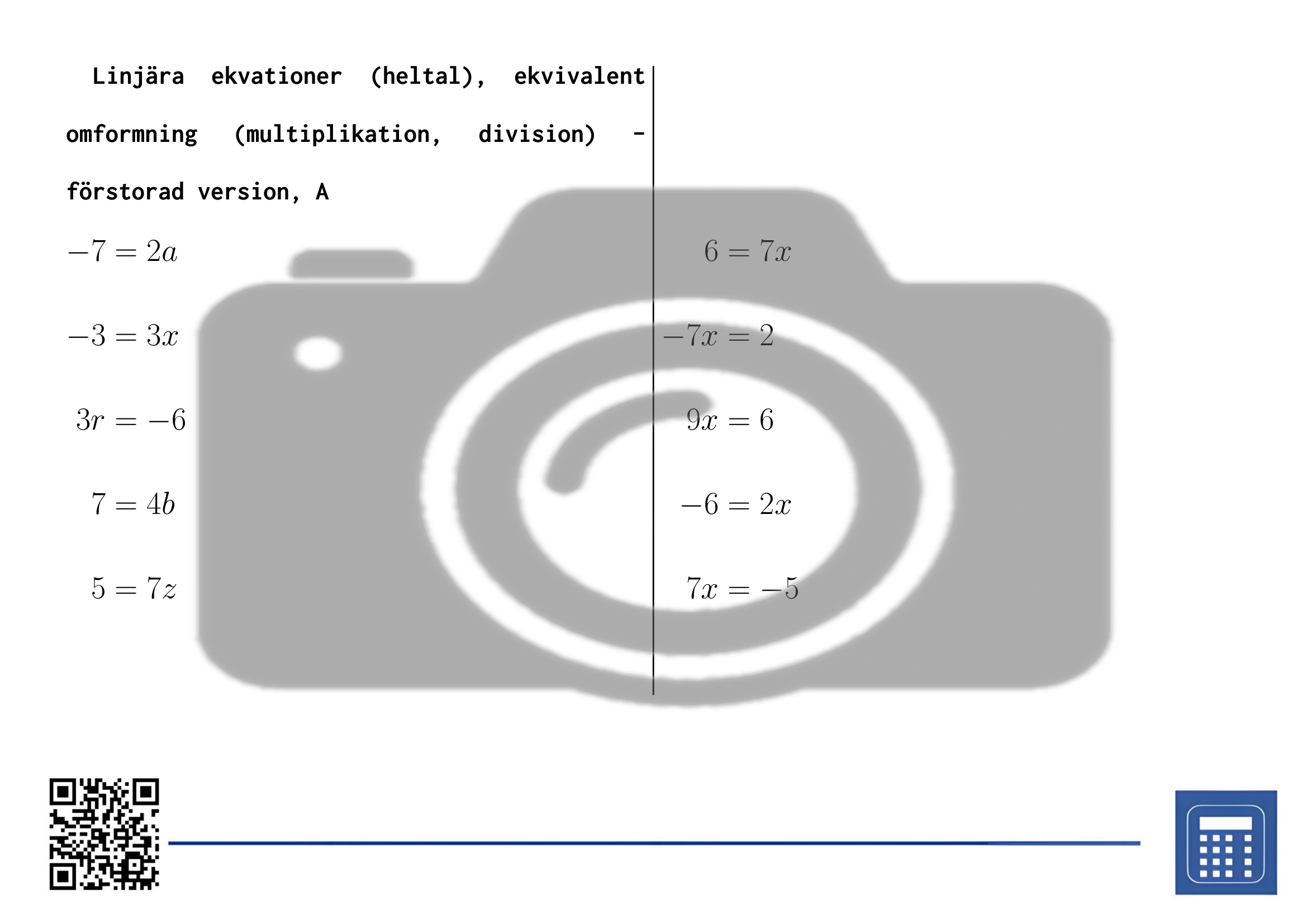 Arbetsblad: Linjära ekvationer (heltal), ekvivalent omformning (multiplikation, division) - Bild 3