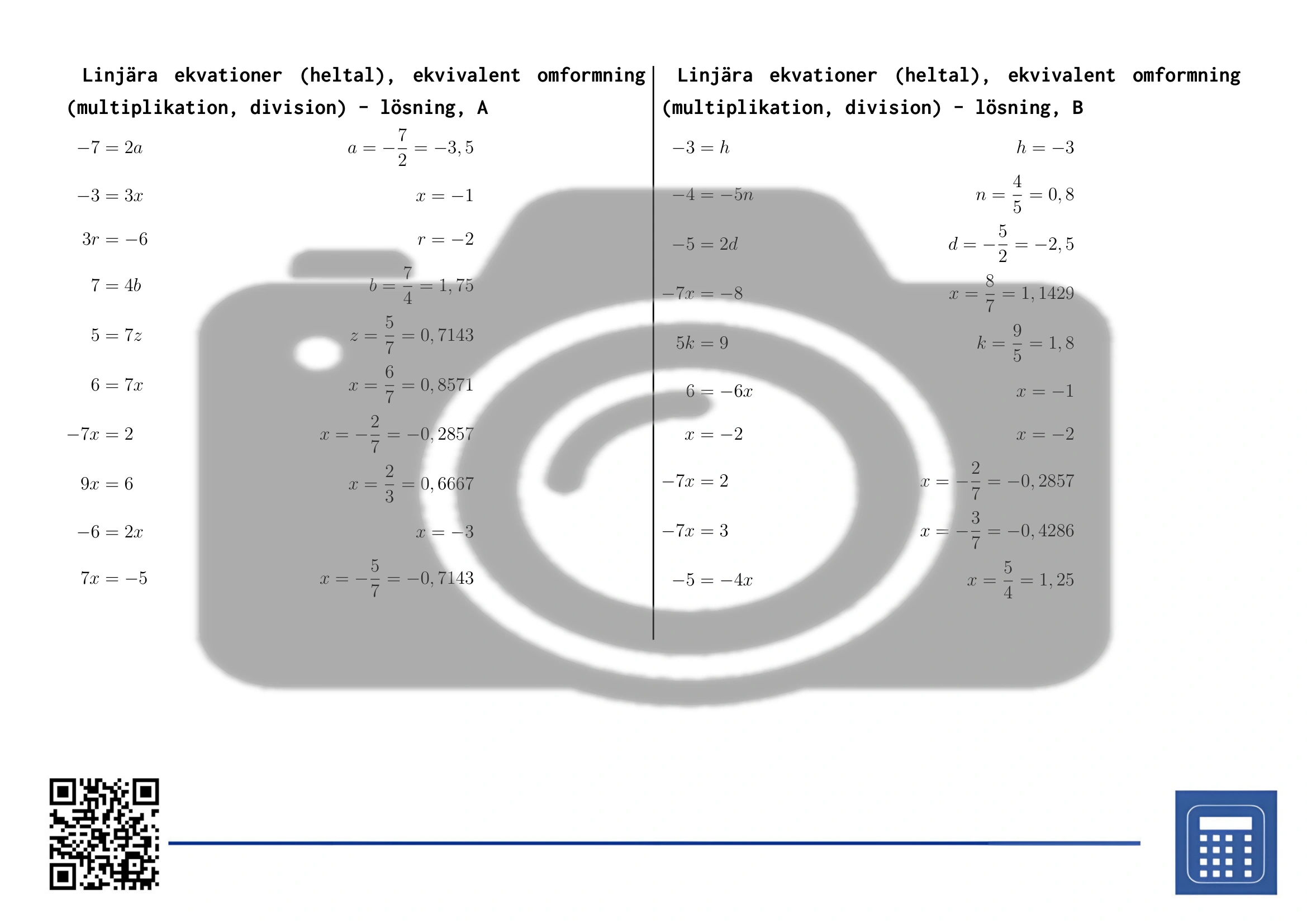 Arbetsblad: Linjära ekvationer (heltal), ekvivalent omformning (multiplikation, division) - Bild 4