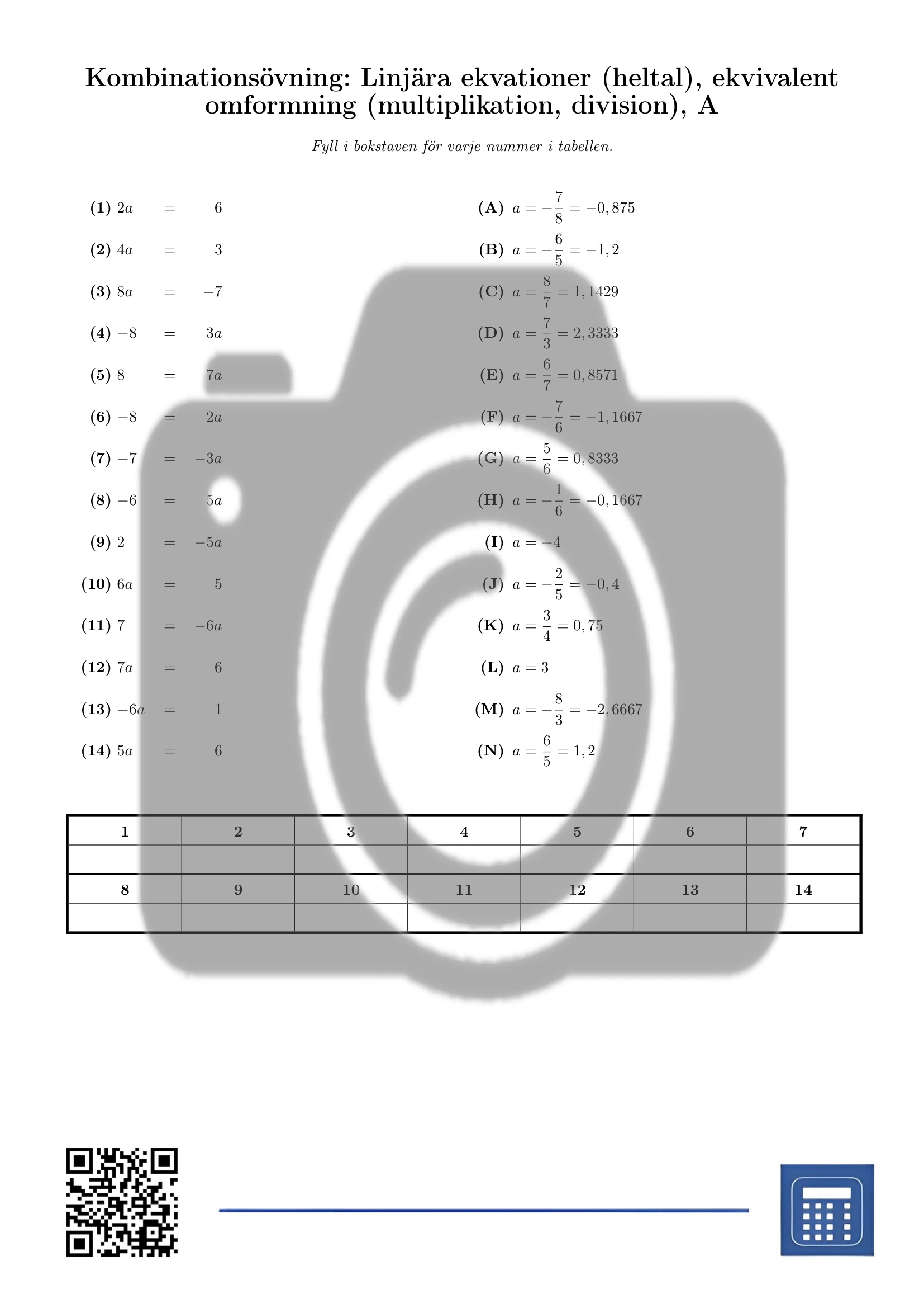 Kombinationsövning: Linjära ekvationer (heltal), ekvivalent omformning (multiplikation, division) - Bild 2