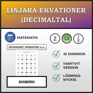 Domino: Linjära ekvationer (decimaltal), ekvivalent omformning (multiplikation, division)