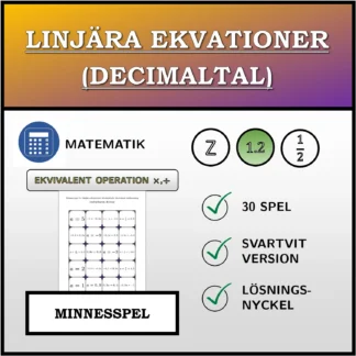 Memoryspel: Linjära ekvationer (decimaltal), ekvivalent omformning (multiplikation, division)