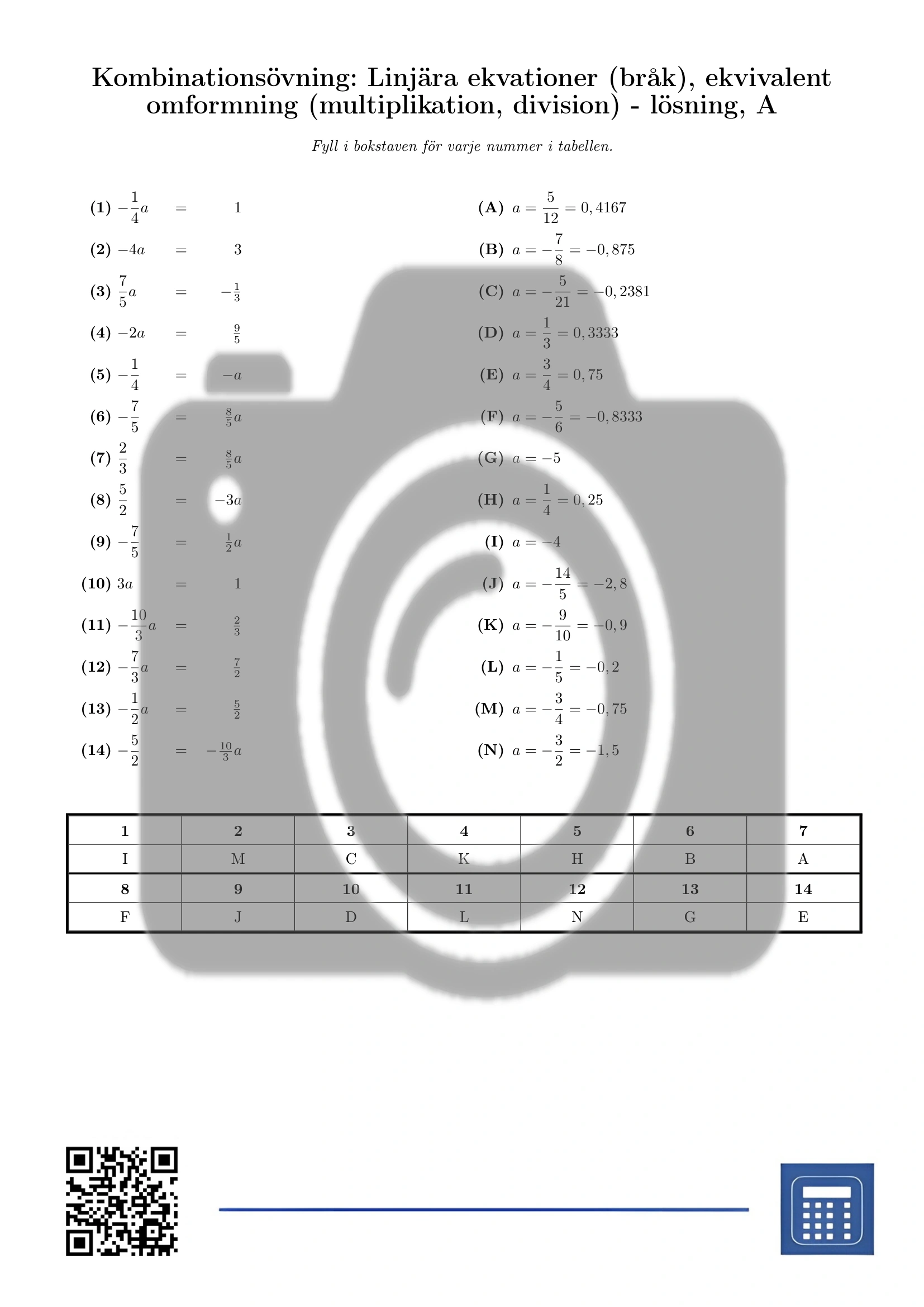 Kombinationsövning: Linjära ekvationer (bråk), ekvivalent omformning (multiplikation, division) - Bild 3