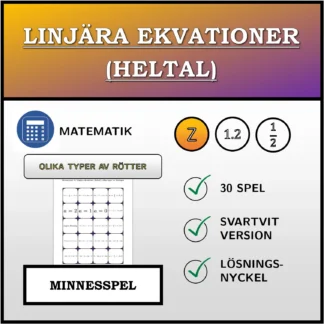 Memoryspel: Linjära ekvationer (heltal), olika typer av lösningar