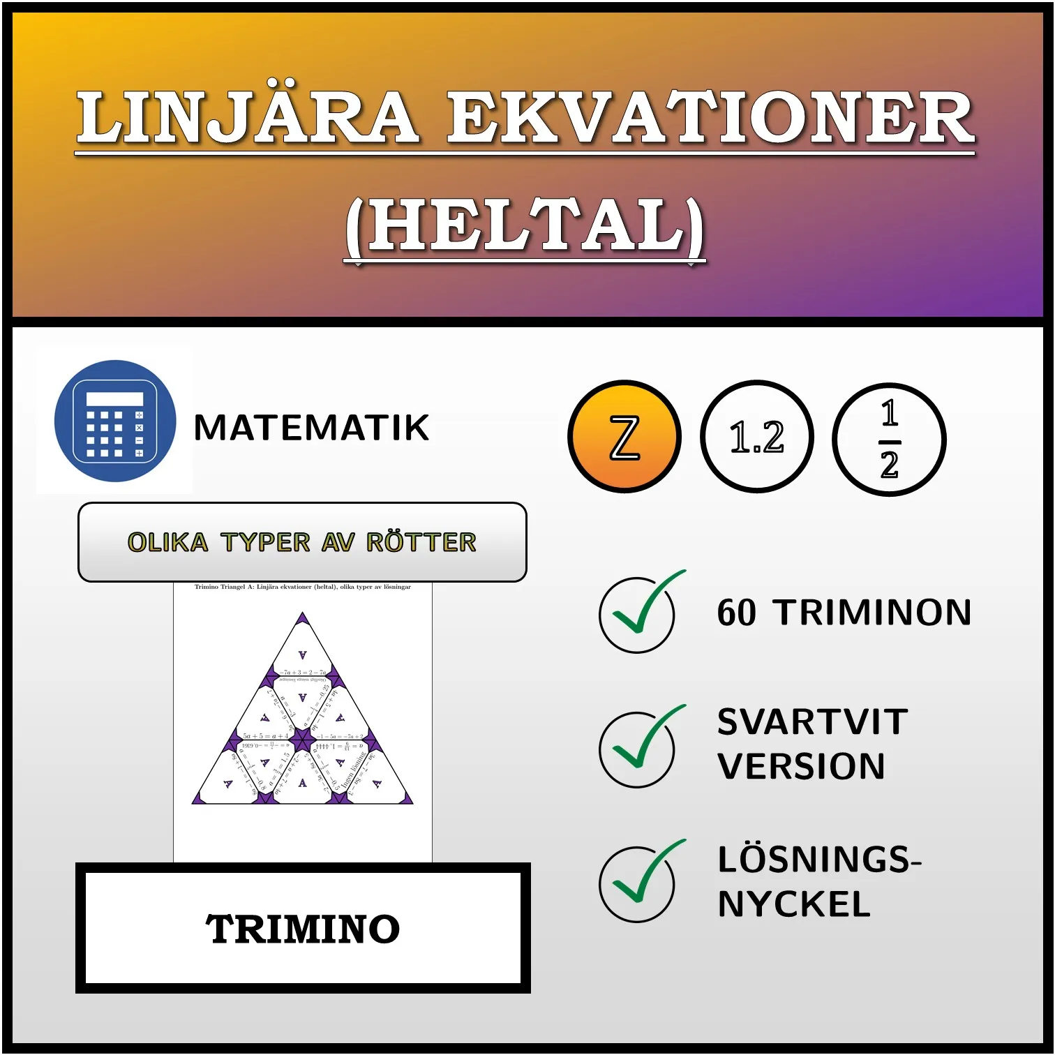 Trimino: Linjära ekvationer (heltal), olika typer av lösningar