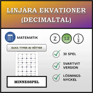 Memoryspel: Linjära ekvationer (decimaltal), olika typer av lösningar