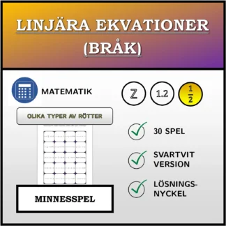 Memoryspel: Linjära ekvationer (bråk), olika typer av lösningar