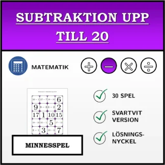Memoryspel: Subtraktion upp till 20