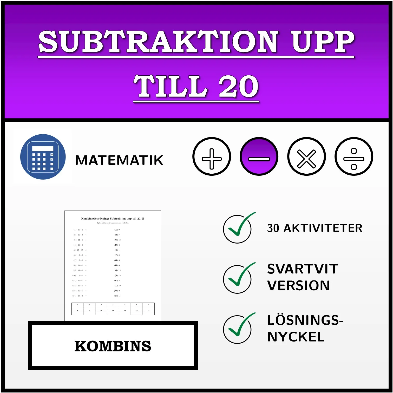 Kombinationsövning: Subtraktion upp till 20