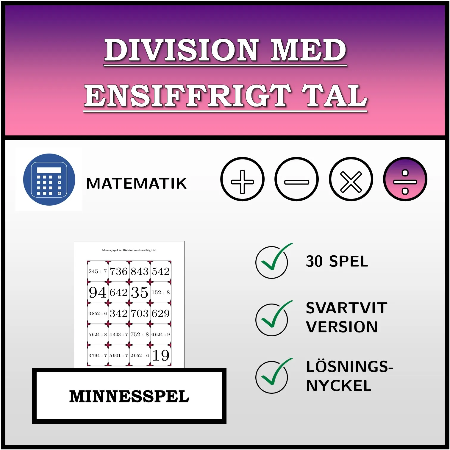 Memoryspel: Division med ensiffrigt tal