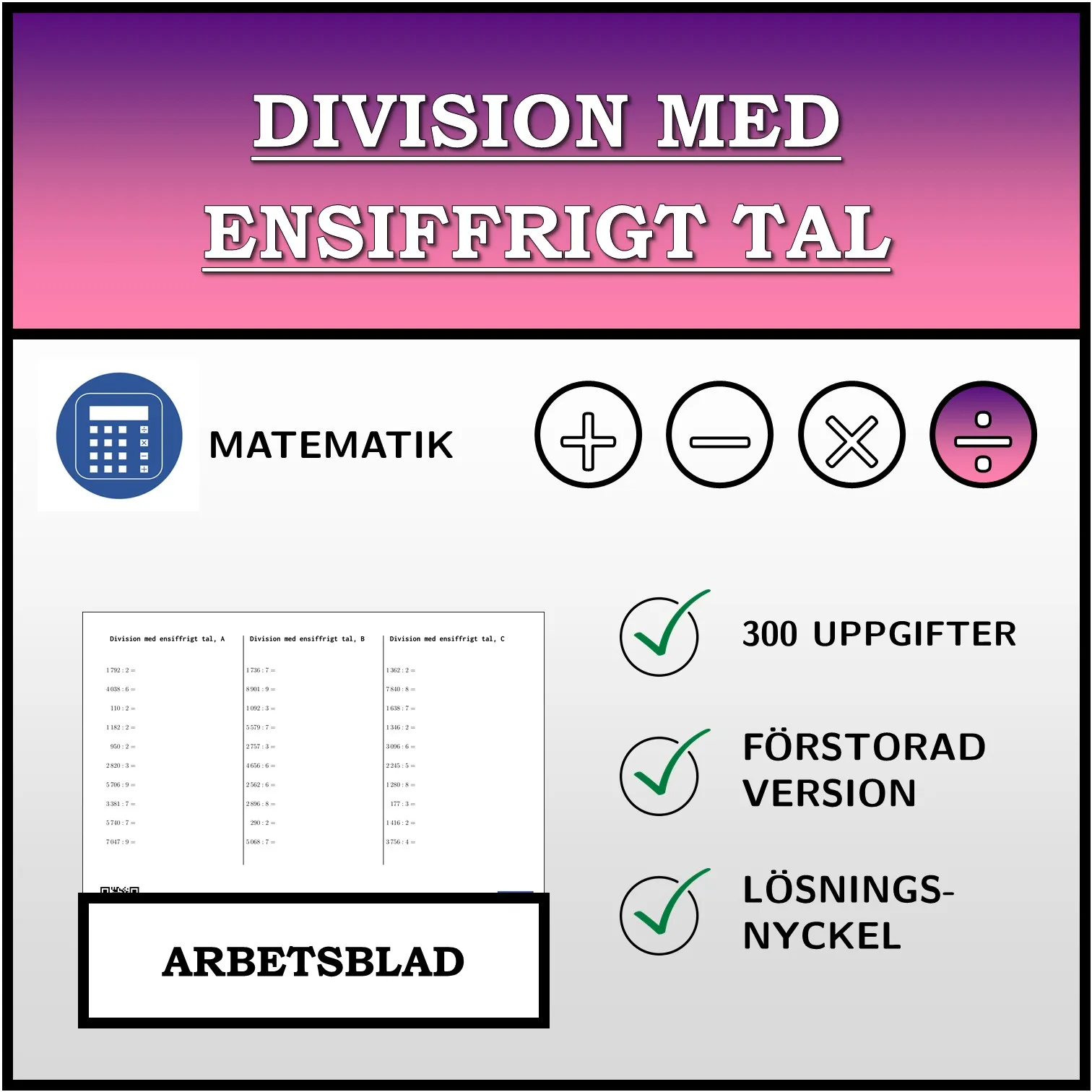 Arbetsblad: Division med ensiffrigt tal