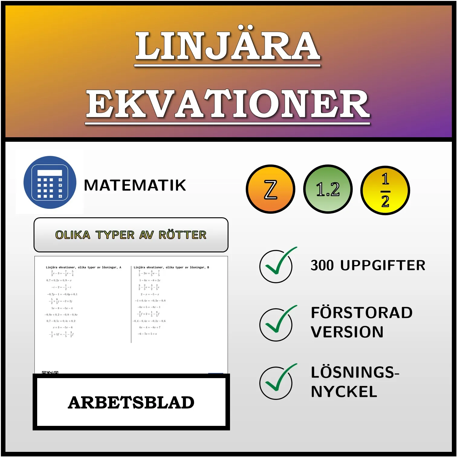 Arbetsblad: Linjära ekvationer, olika typer av lösningar
