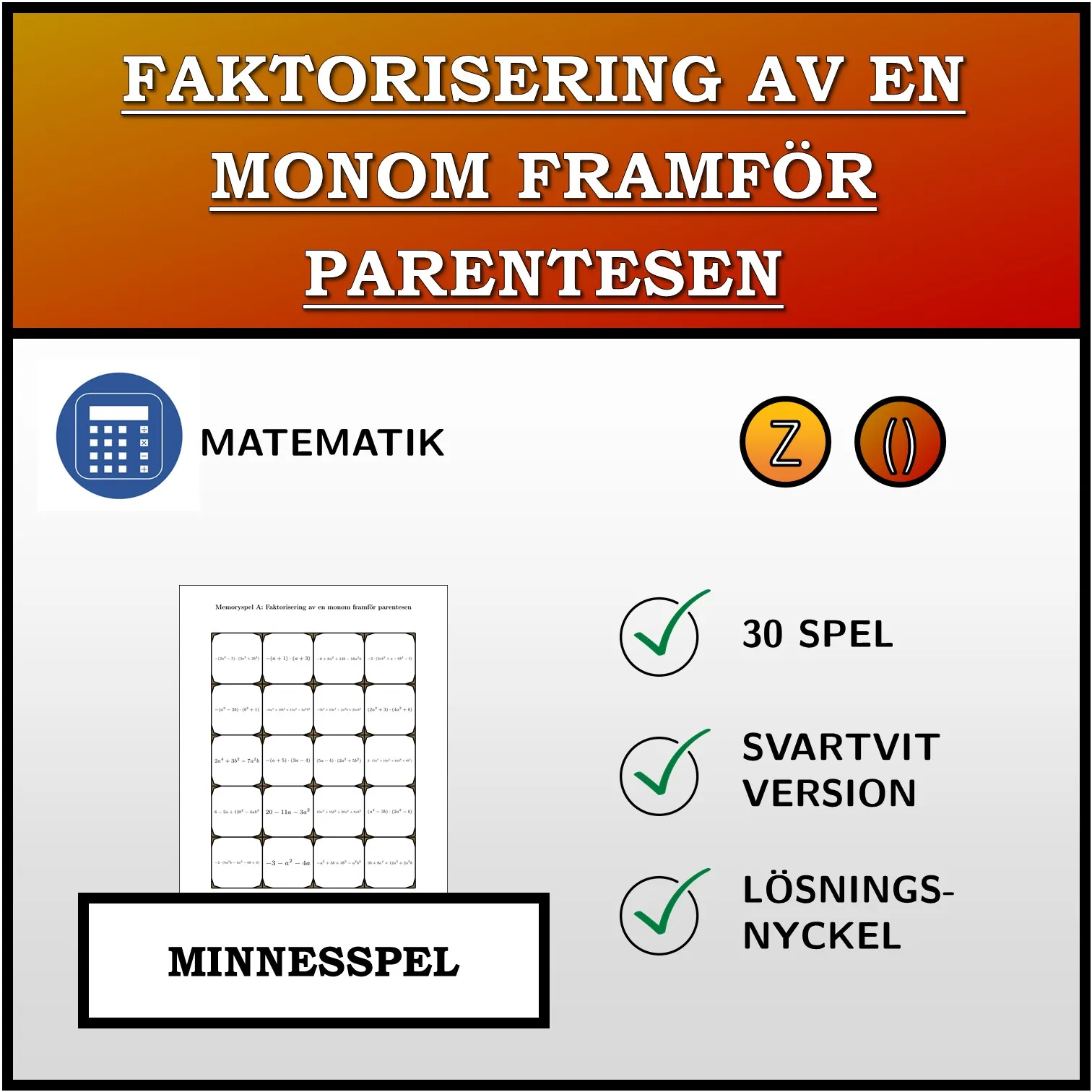 Memoryspel: Faktorisering av en monom framför parentesen