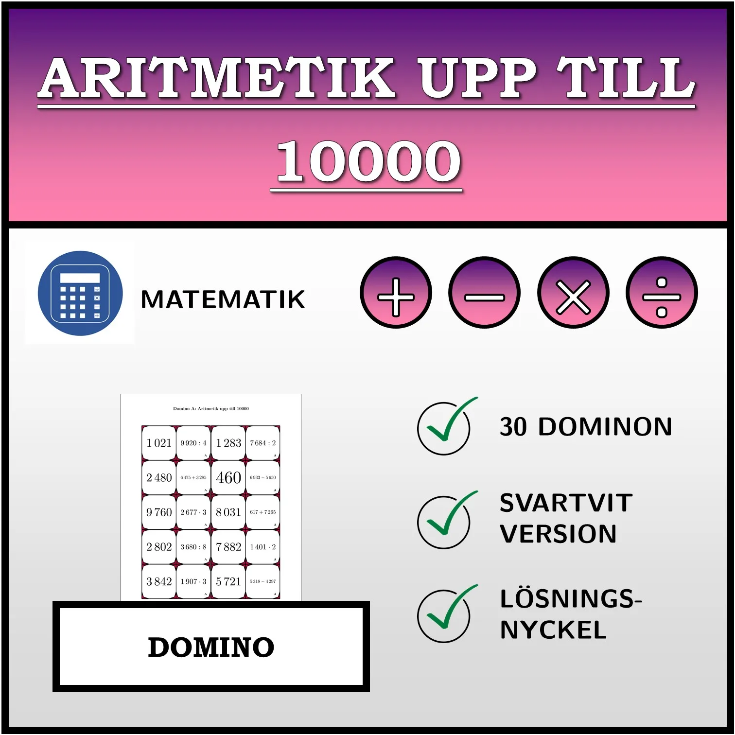 Domino: Aritmetik upp till 10000