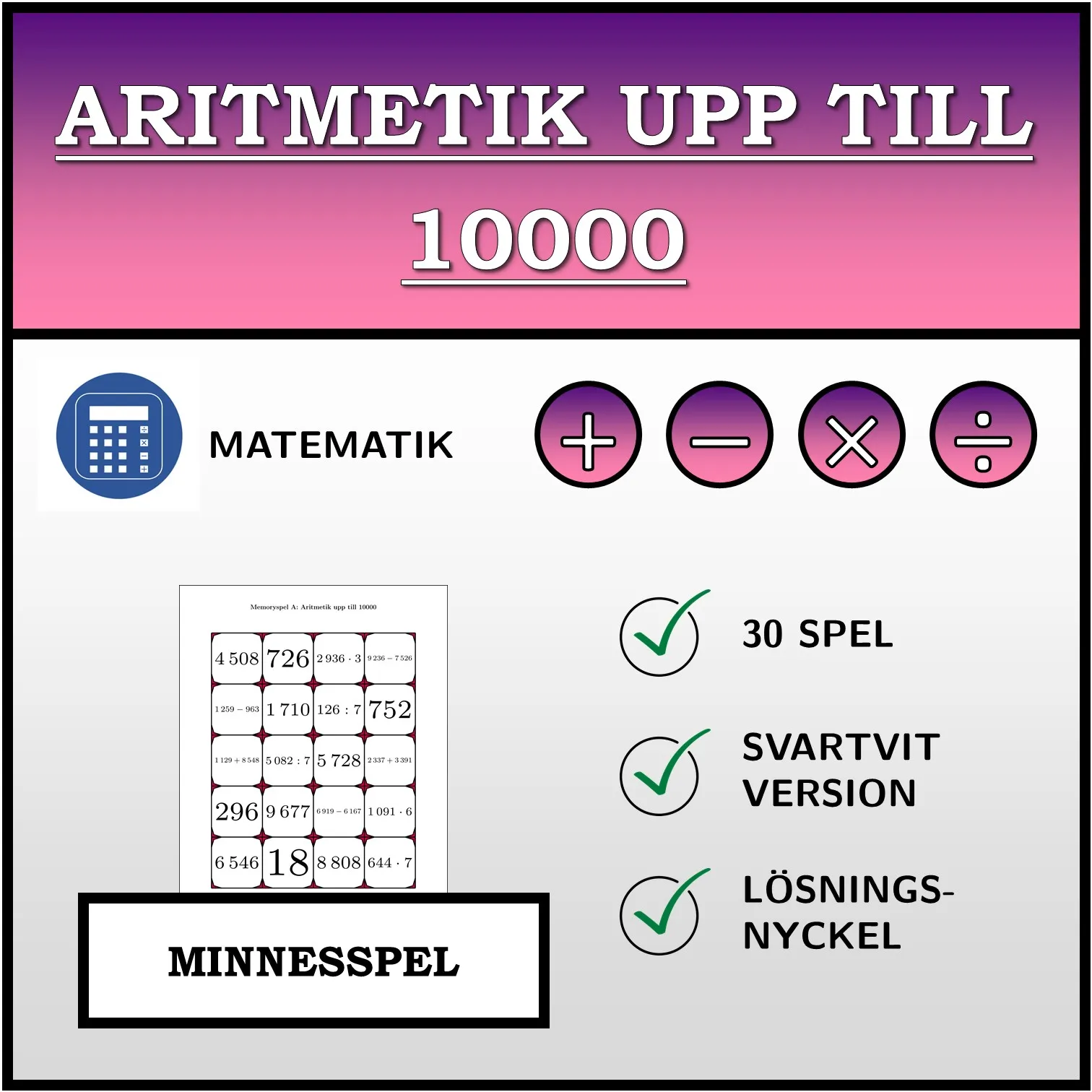 Memoryspel: Aritmetik upp till 10000