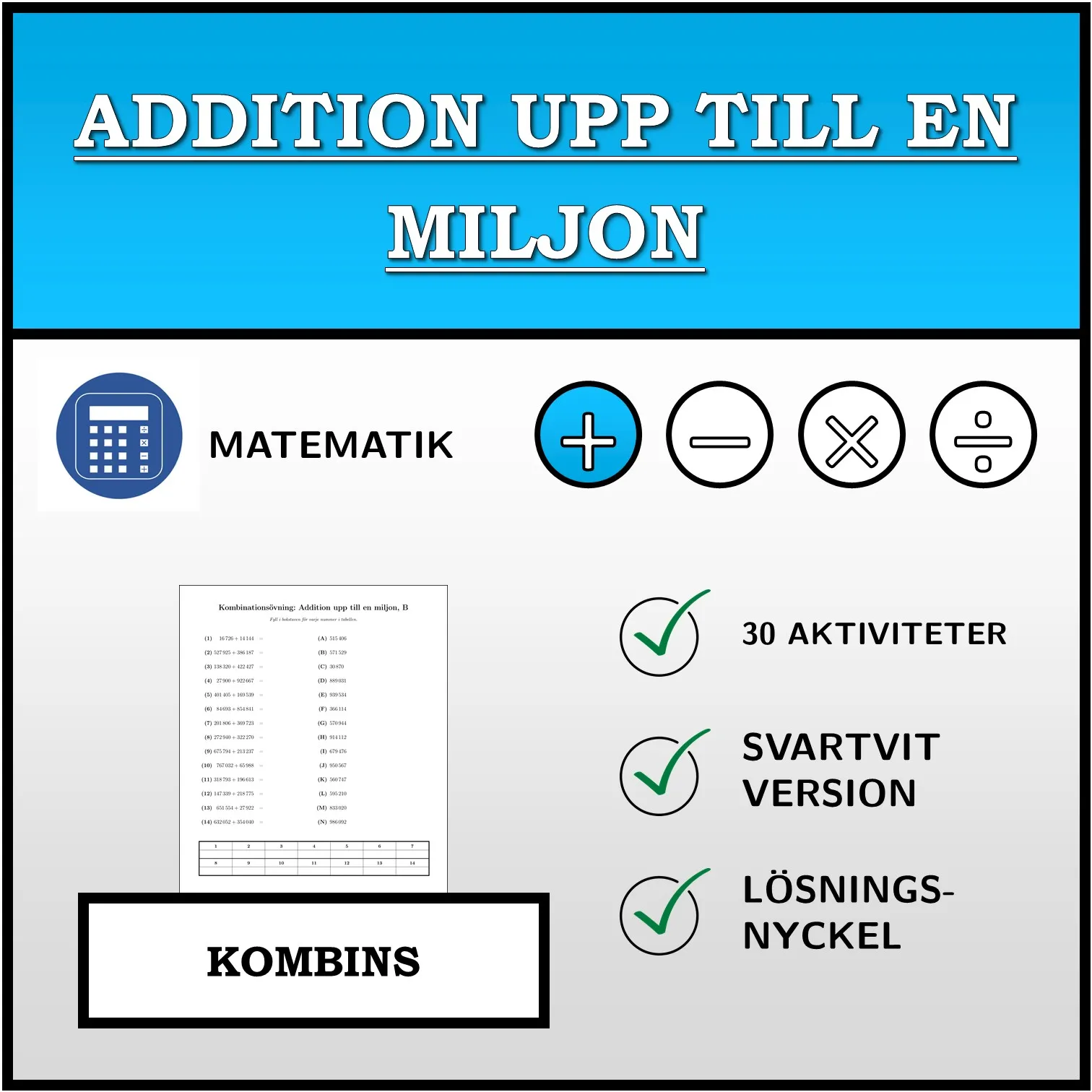 Kombinationsövning: Addition upp till en miljon