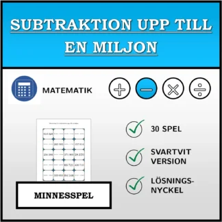 Memoryspel: Subtraktion upp till en miljon