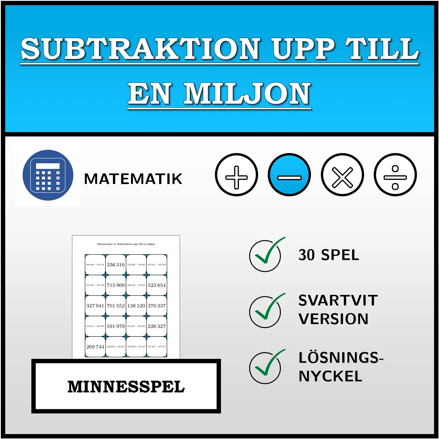 Memoryspel: Subtraktion upp till en miljon