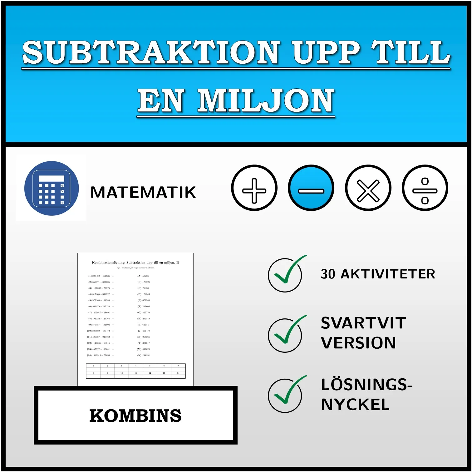Kombinationsövning: Subtraktion upp till en miljon