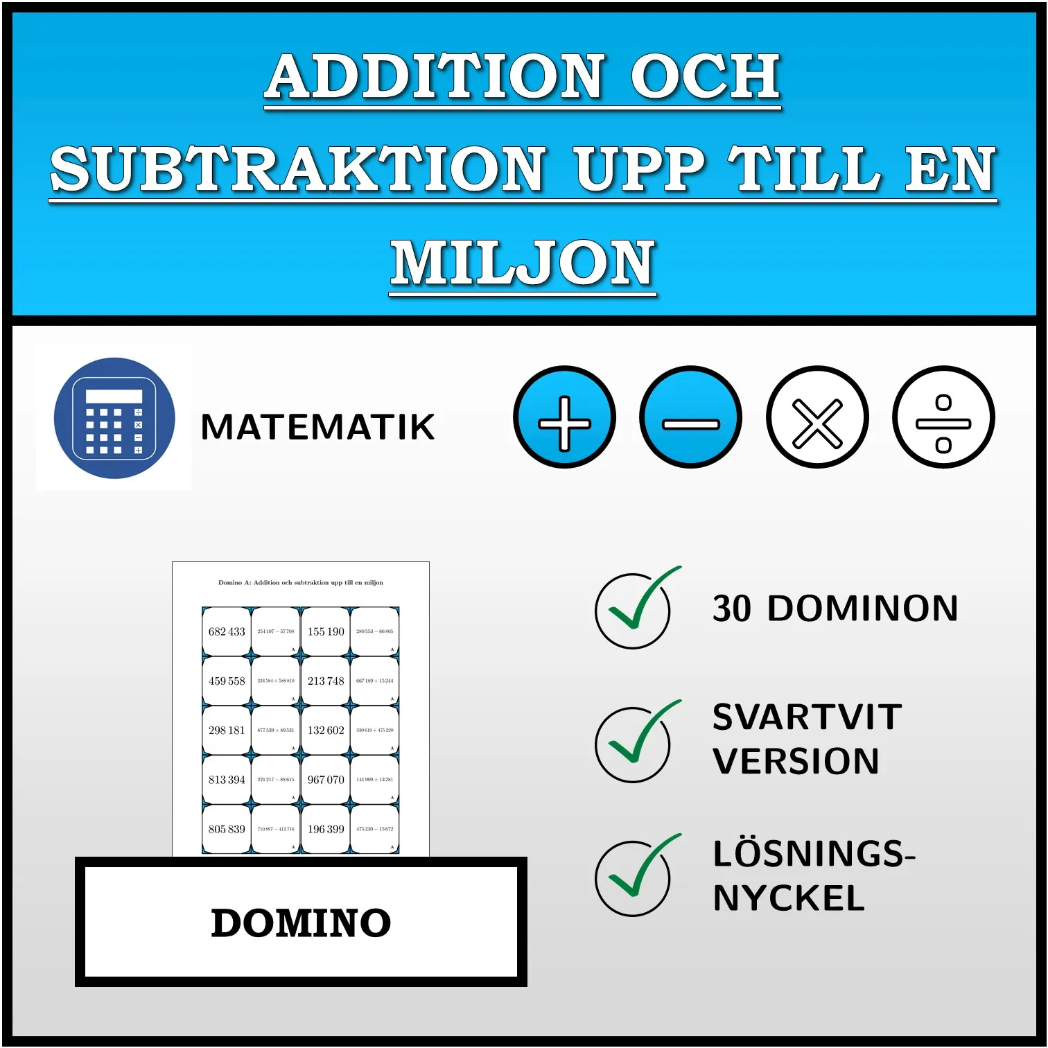 Domino: Addition och subtraktion upp till en miljon