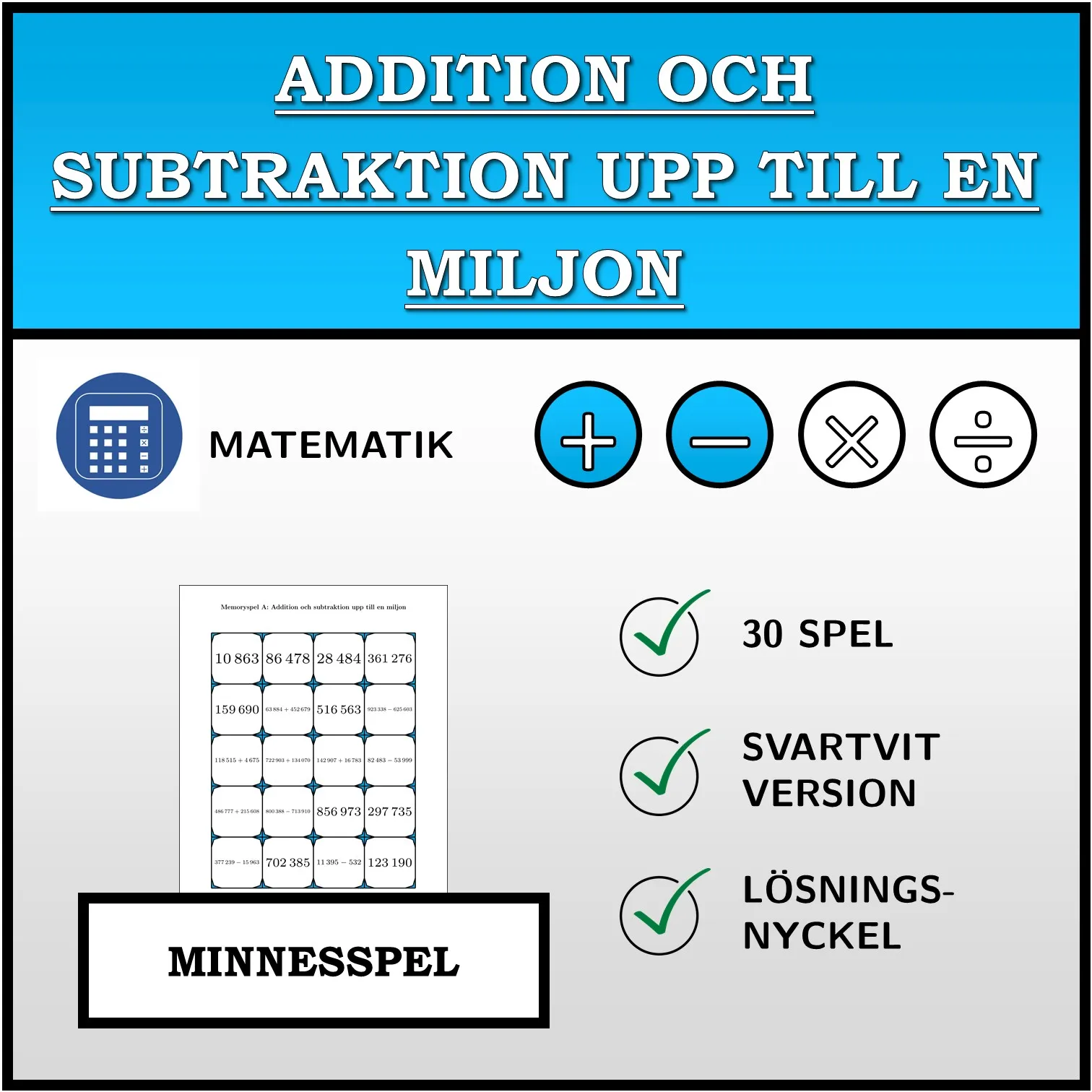Memoryspel: Addition och subtraktion upp till en miljon